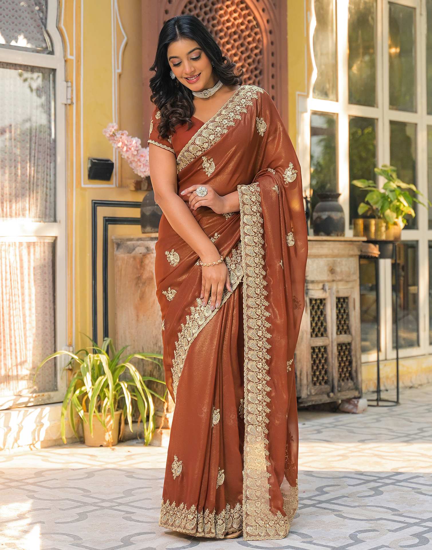 Dusty Brown Shimmer Georgette Sequence Embroidery saree - Image 7