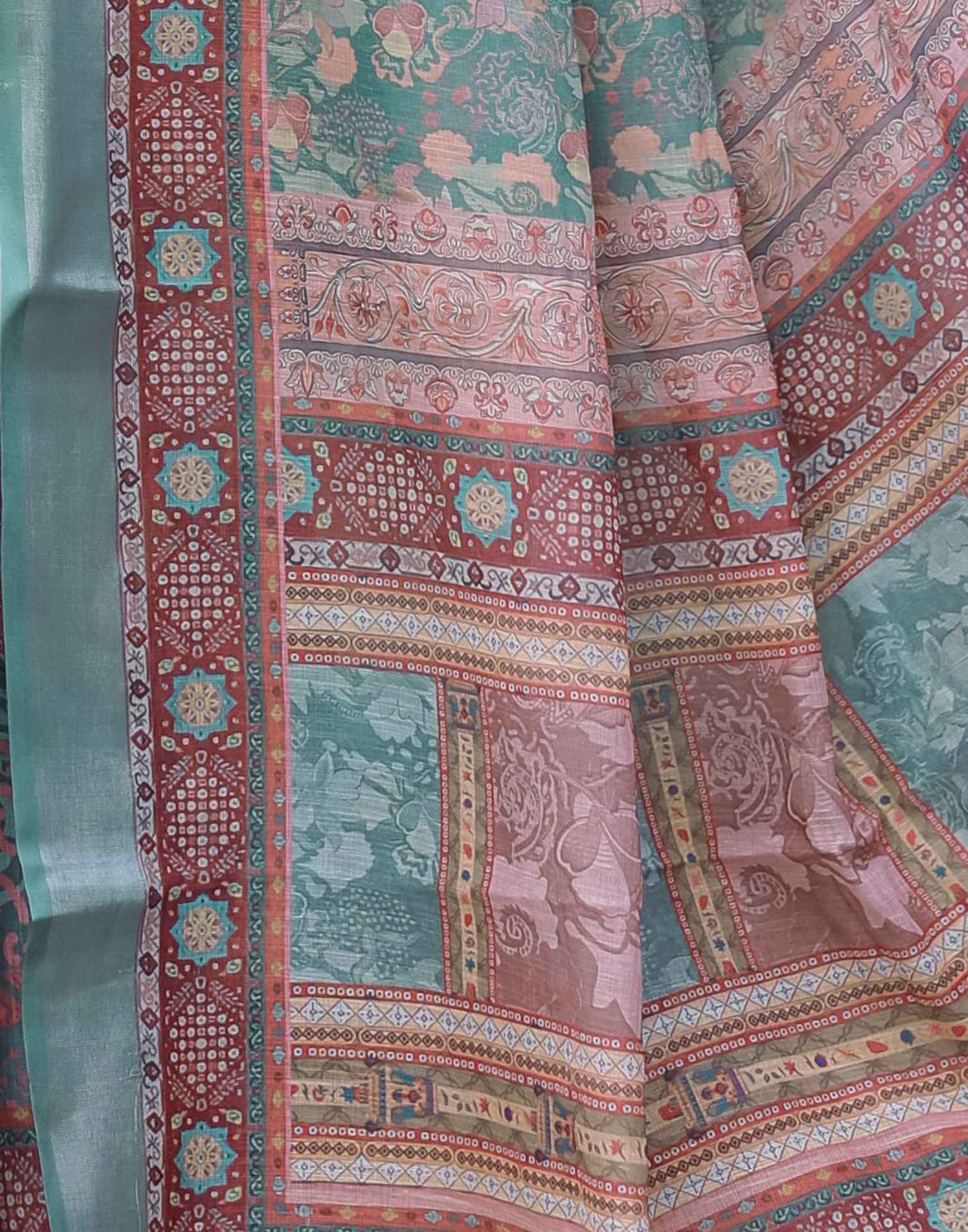 Dusty Dark Green Linen Printed Saree - Image 7