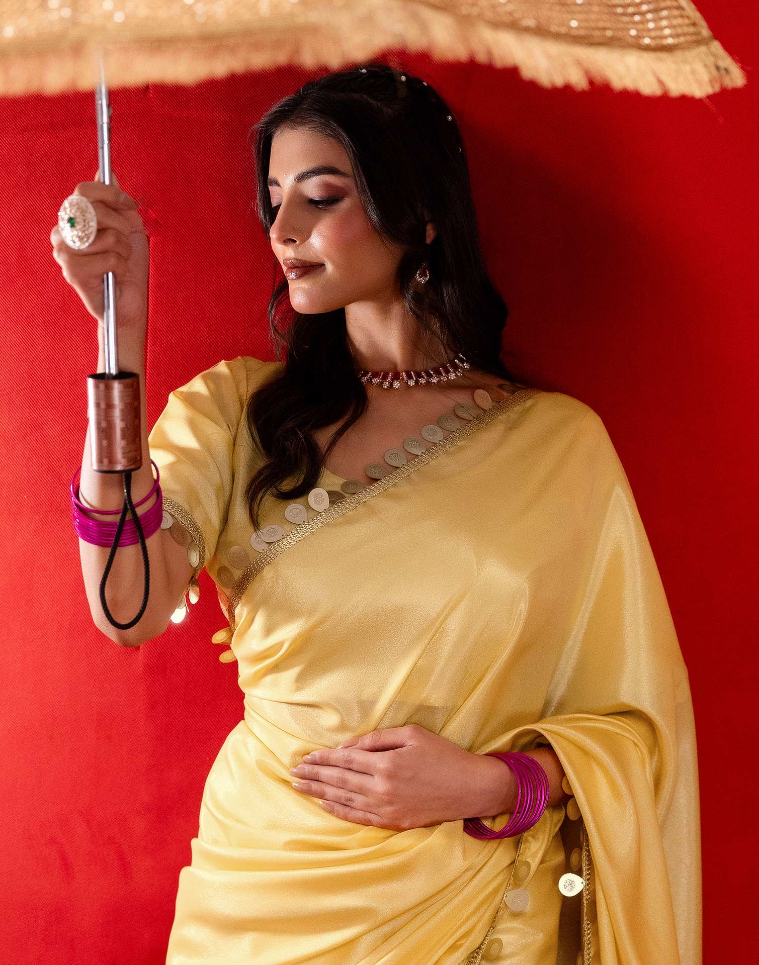 Dusty Golden Shimmer Lace Saree - Image 4