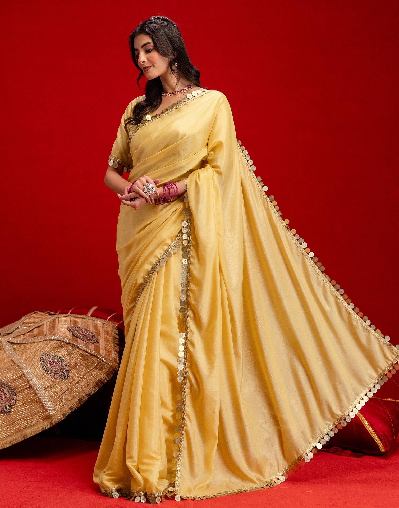 Dusty Golden Shimmer Lace Saree - Image 5