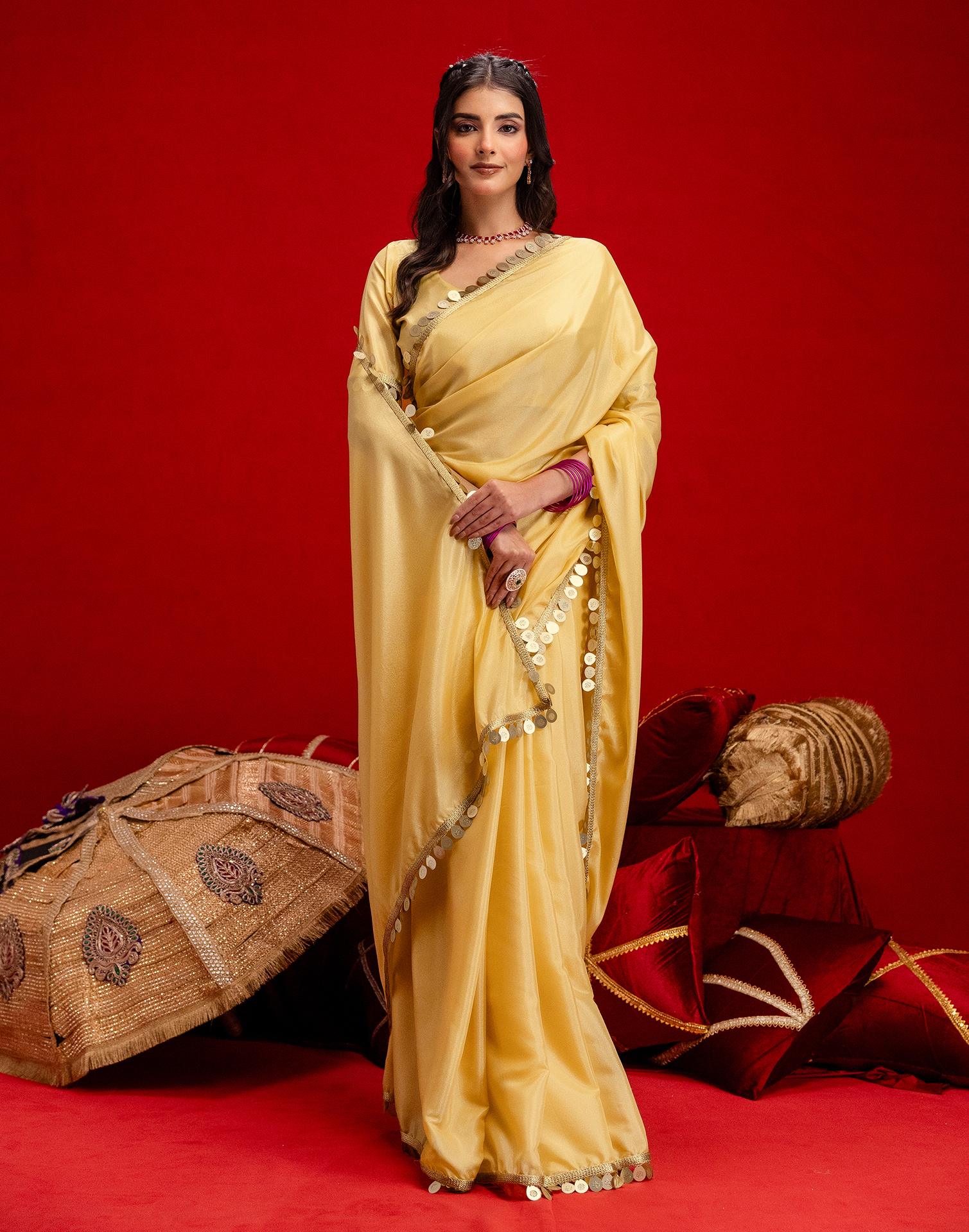 Dusty Golden Shimmer Lace Saree - Image 6