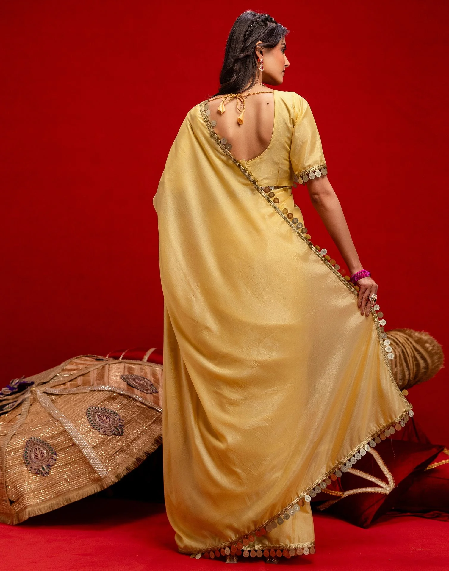 Dusty Golden Shimmer Lace Saree - Image 7