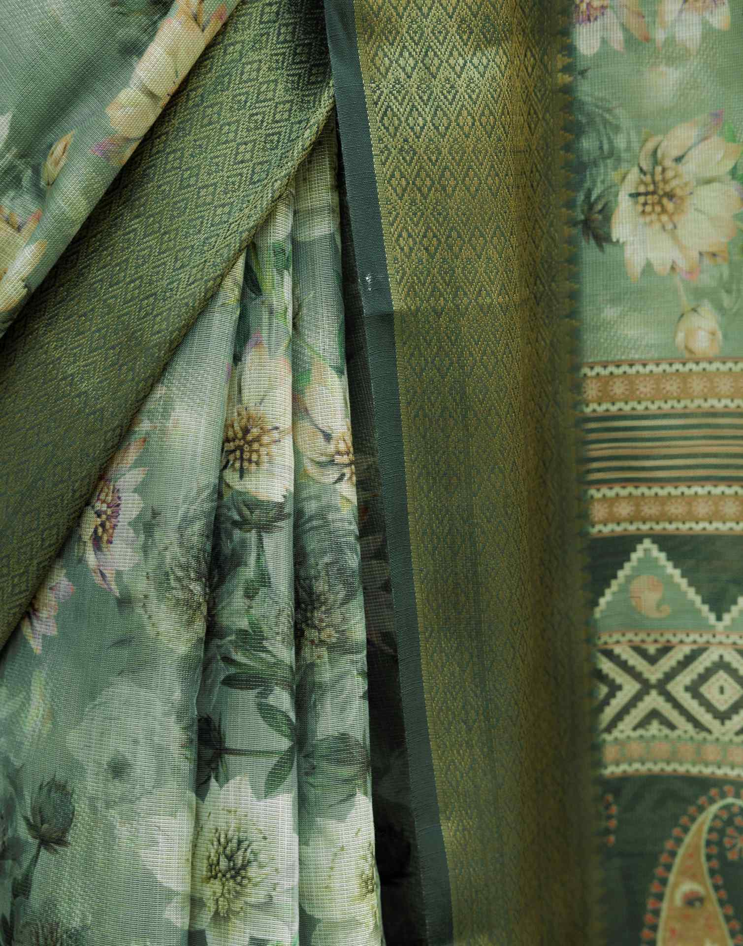 Dusty Green Cotton Silk Floral Printed Saree - Image 11