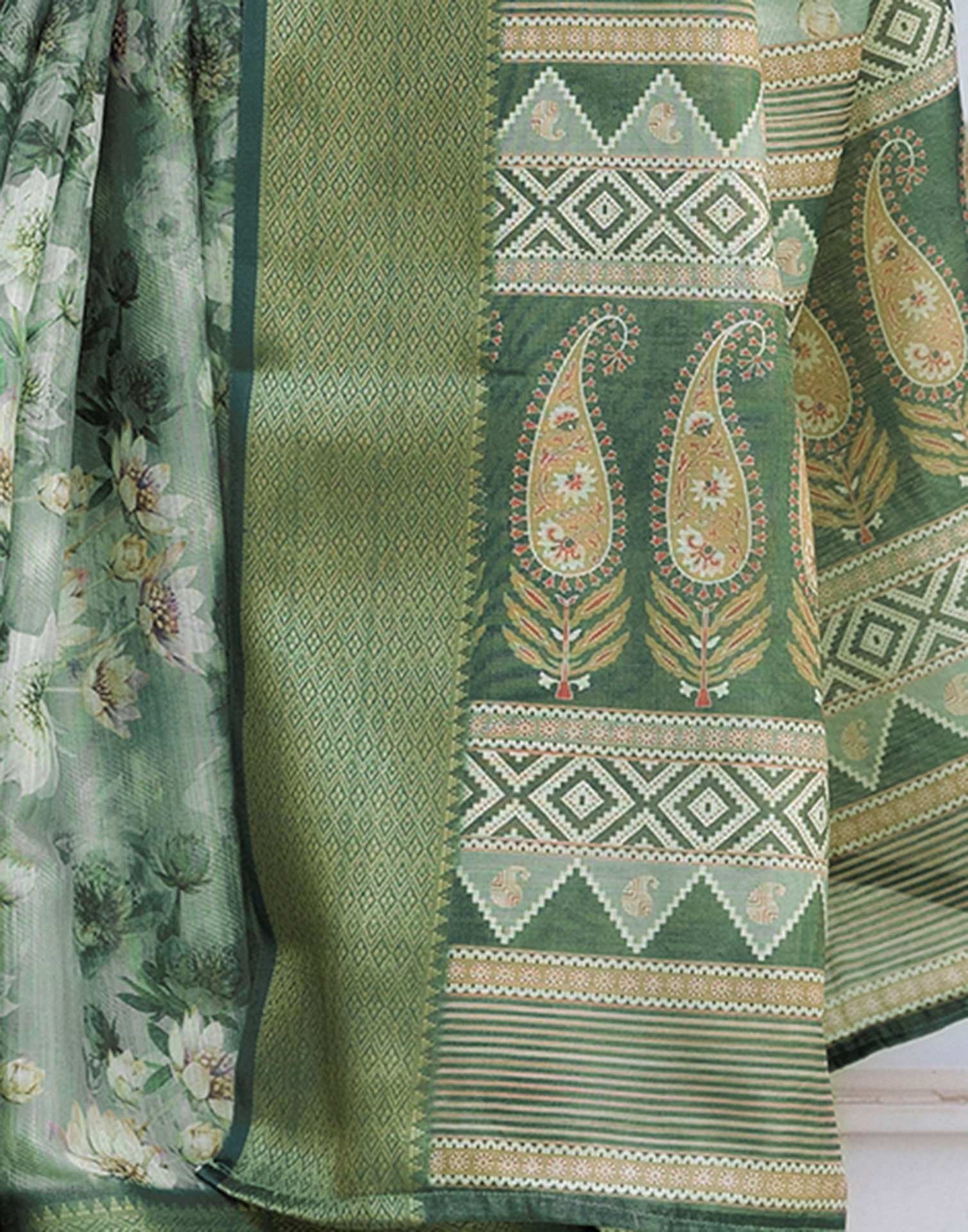 Dusty Green Cotton Silk Floral Printed Saree - Image 12