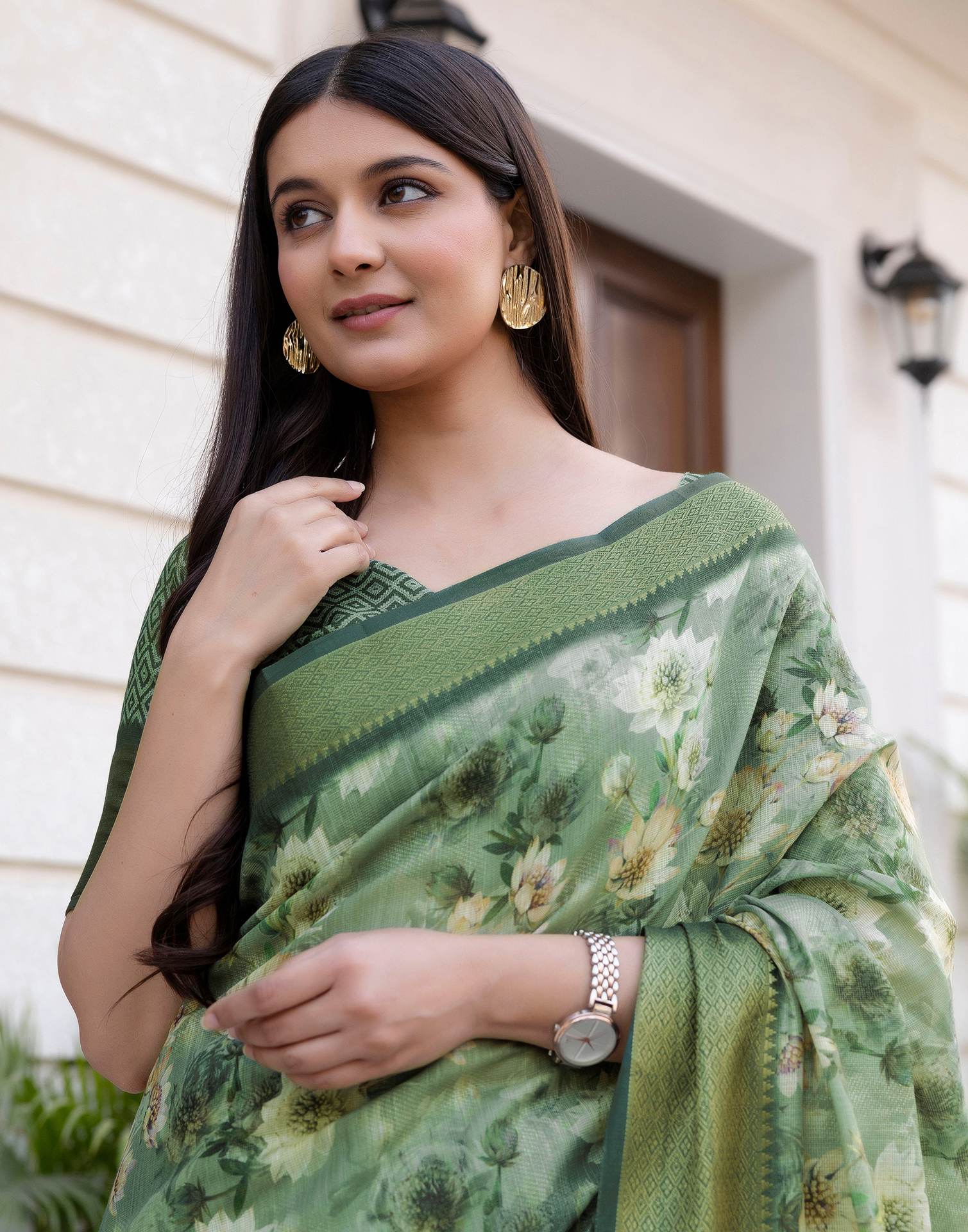 Dusty Green Cotton Silk Floral Printed Saree - Image 2
