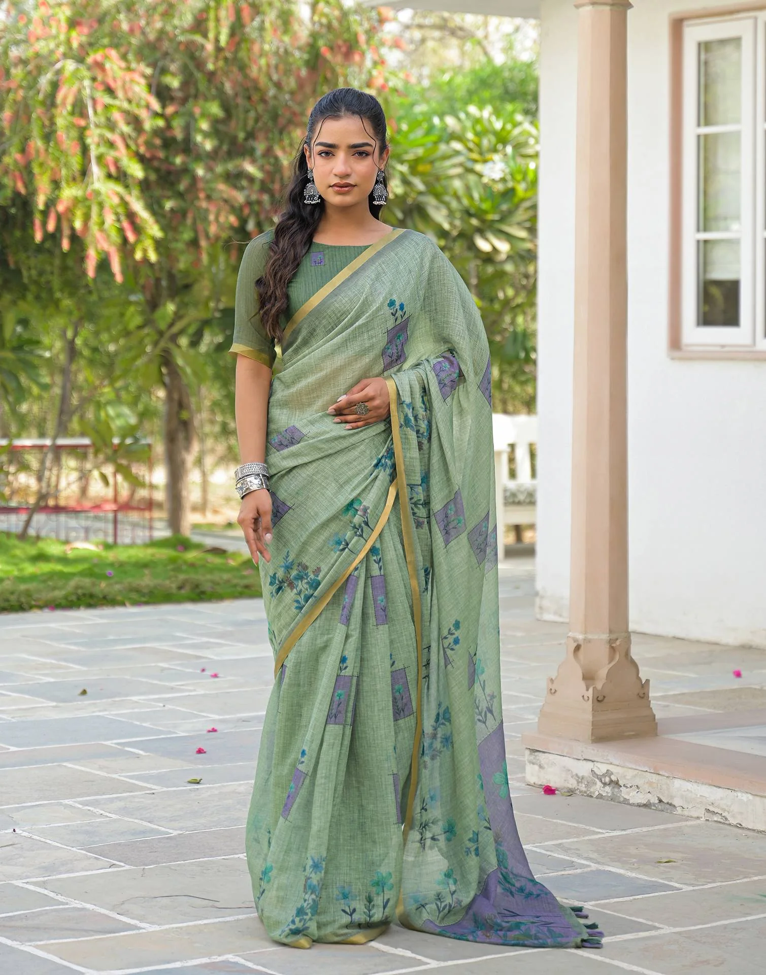 Dusty Green Linen Floral Printed Saree