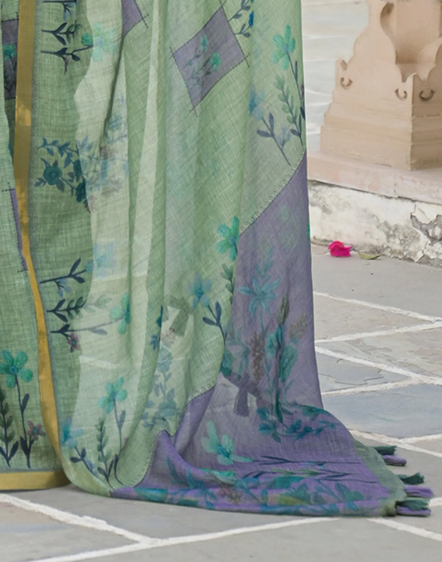 Dusty Green Linen Floral Printed Saree - Image 8