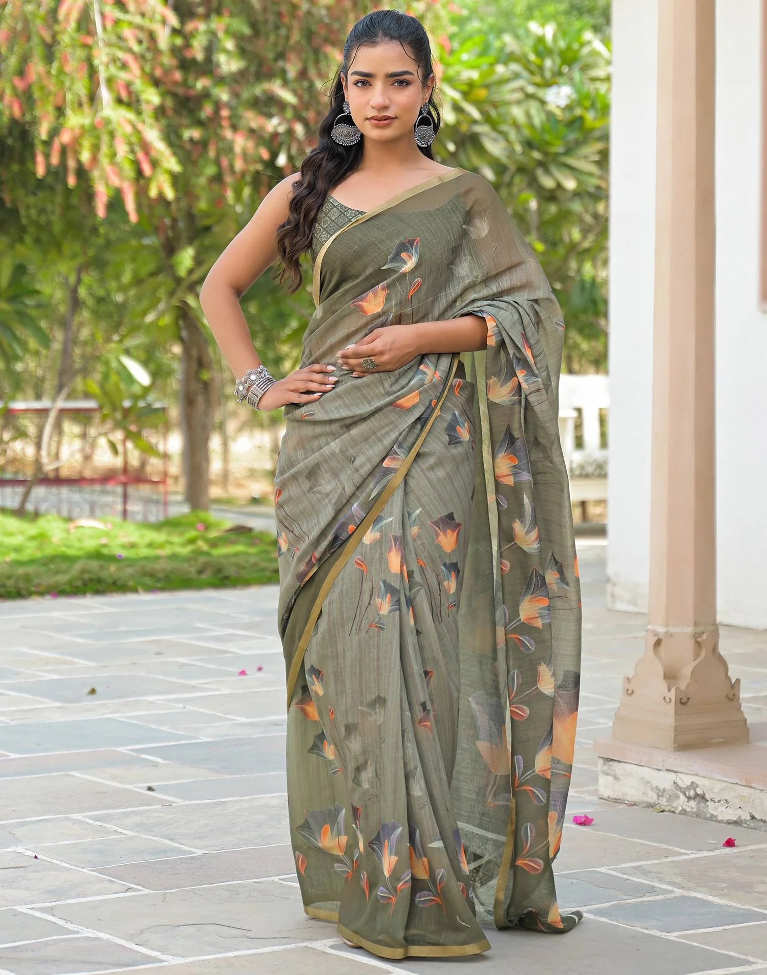 Dusty Green Linen Floral Printed Saree