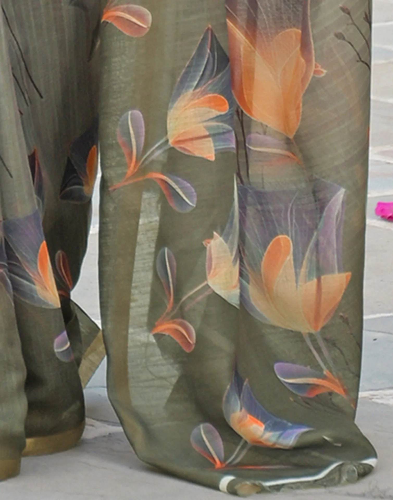 Dusty Green Linen Floral Printed Saree - Image 10