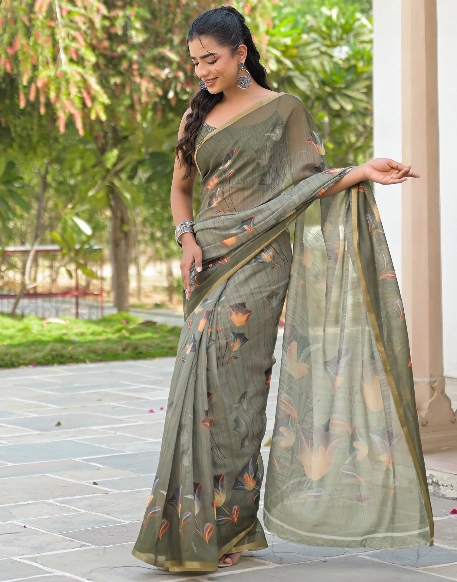 Dusty Green Linen Floral Printed Saree - Image 5