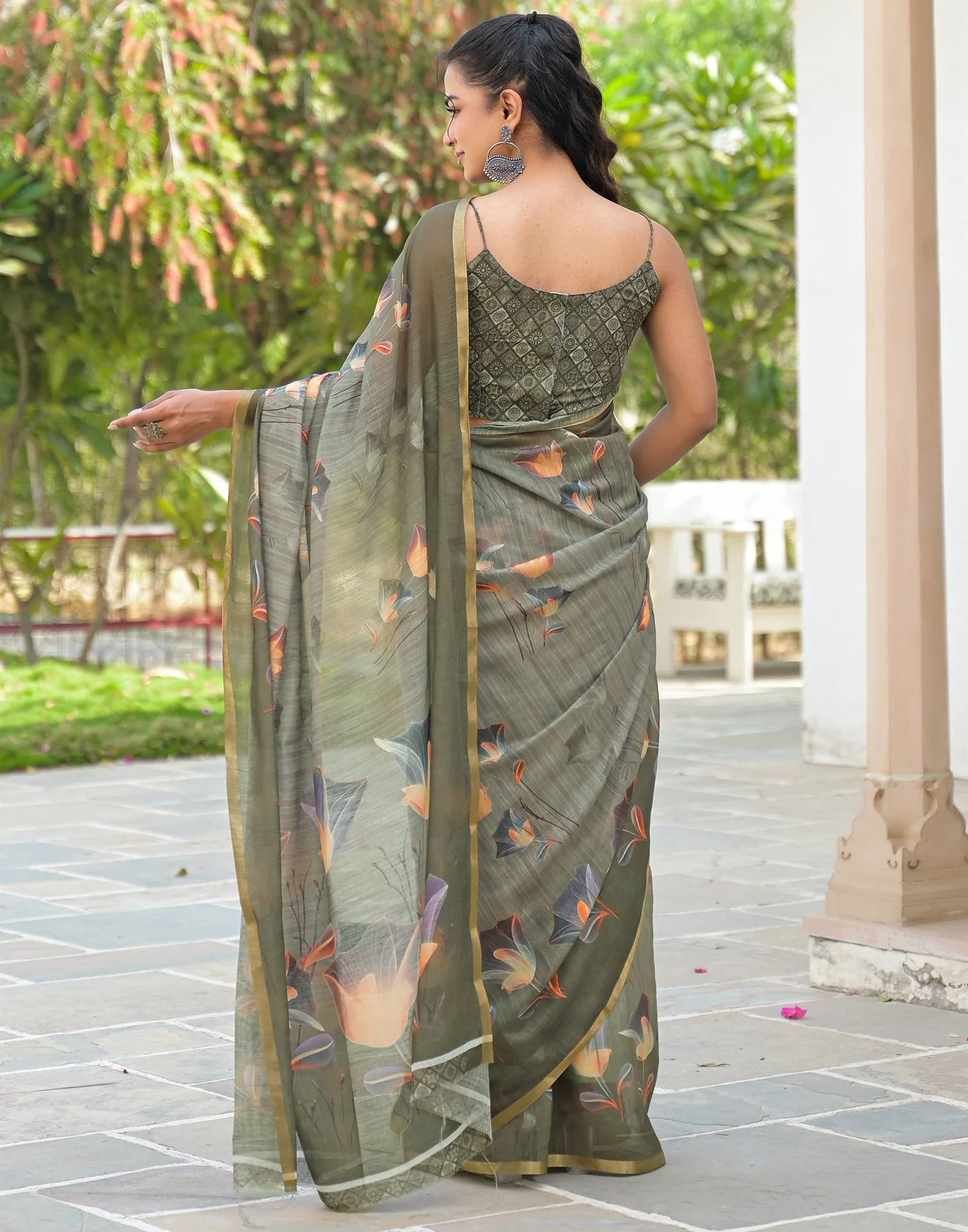 Dusty Green Linen Floral Printed Saree - Image 7