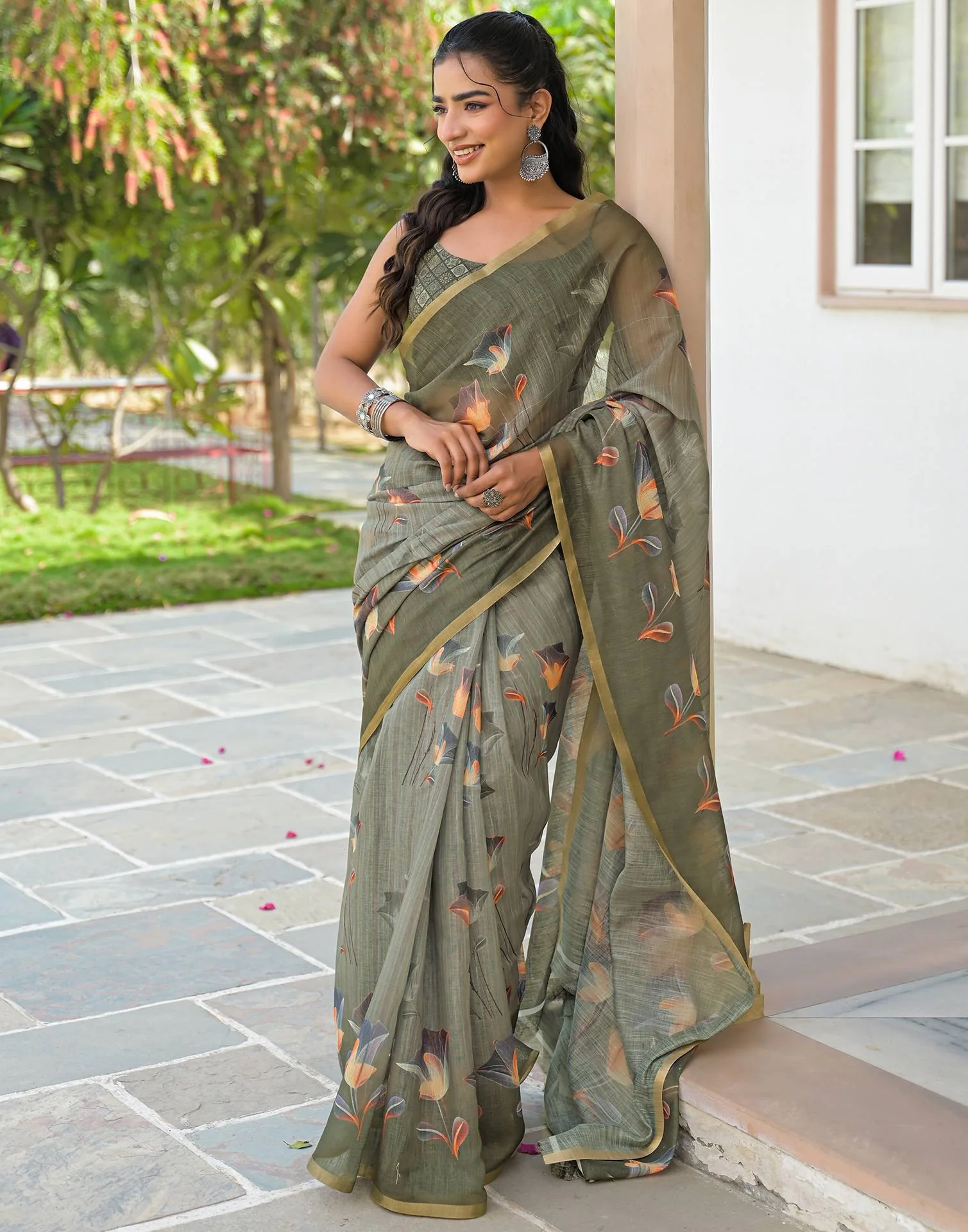 Dusty Green Linen Floral Printed Saree - Image 9