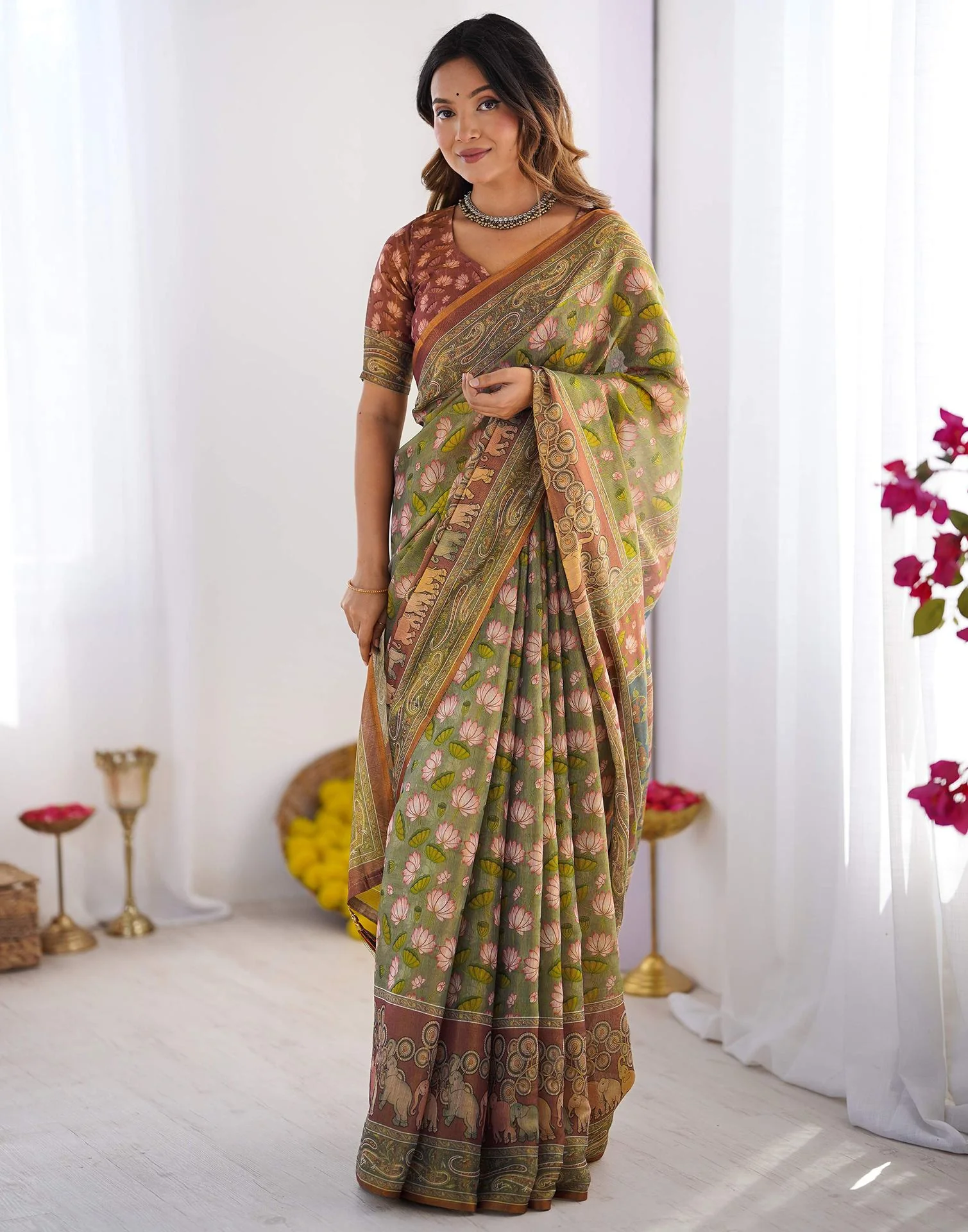 Dusty Green Linen Kalamkari Saree - Image 4