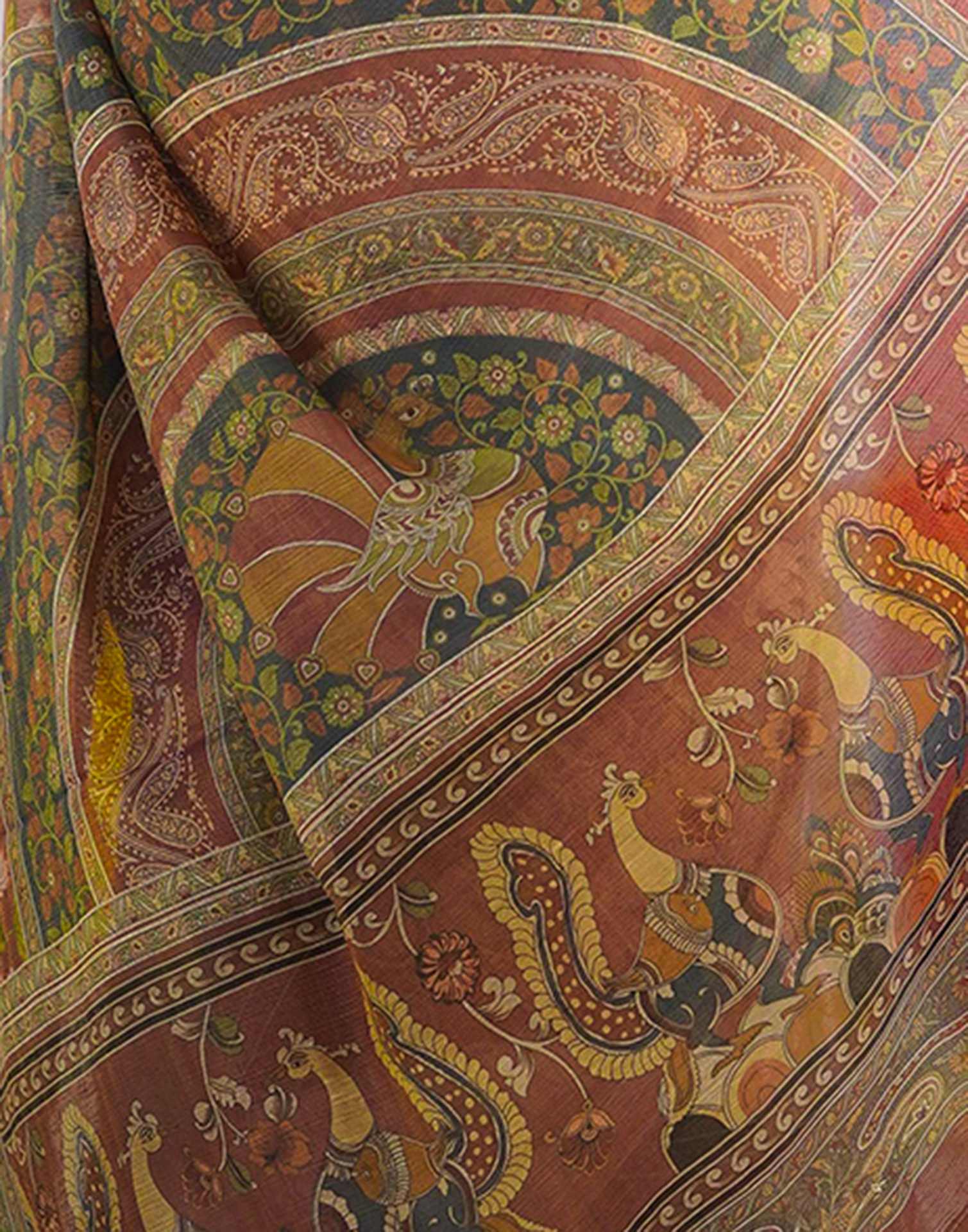 Dusty Green Linen Kalamkari Saree - Image 9