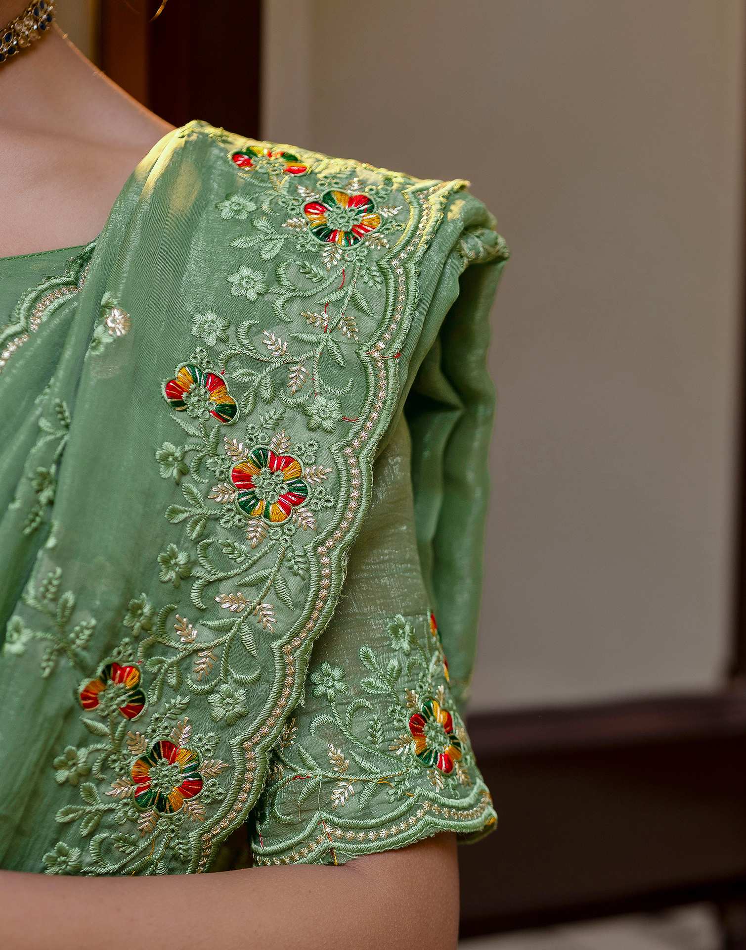 Dusty Green Shimmer Embroidery Saree - Image 10