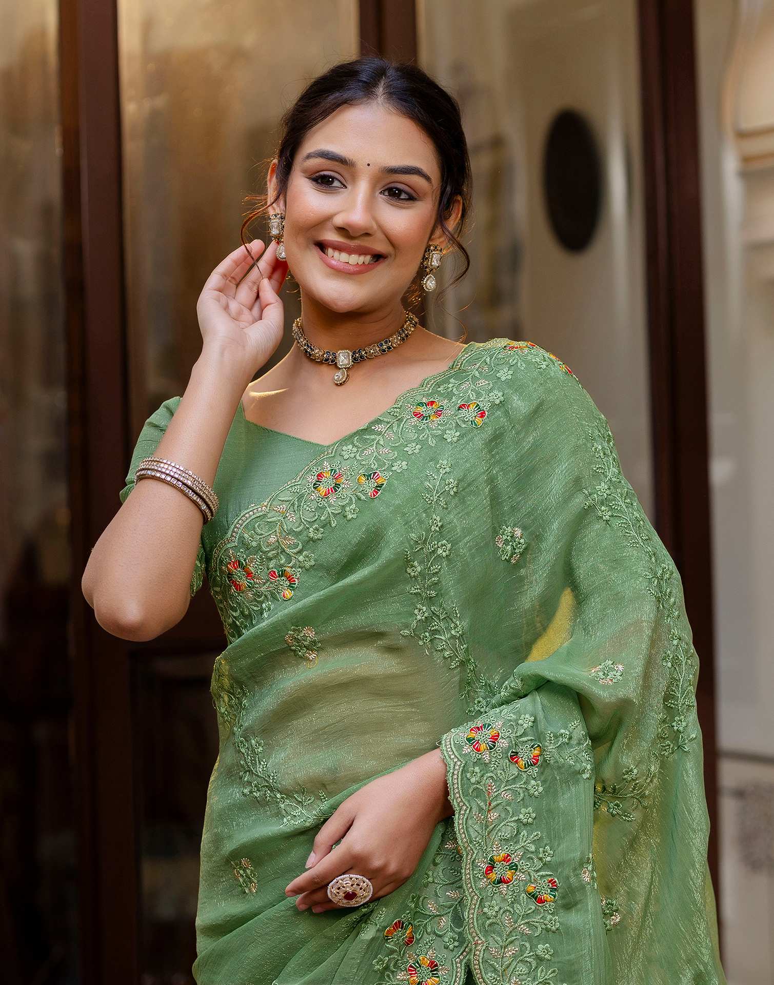 Dusty Green Shimmer Embroidery Saree - Image 4