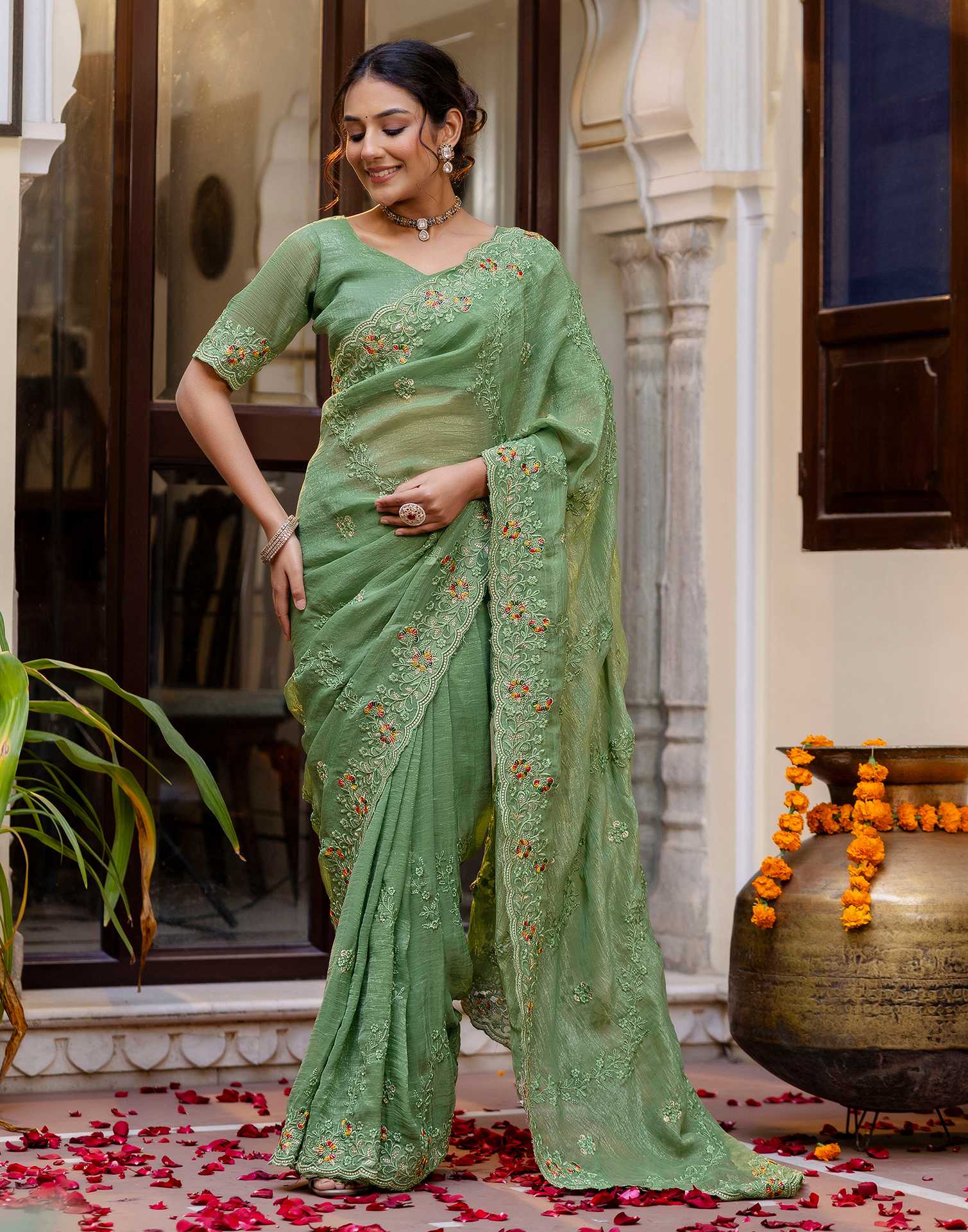 Dusty Green Shimmer Embroidery Saree - Image 5