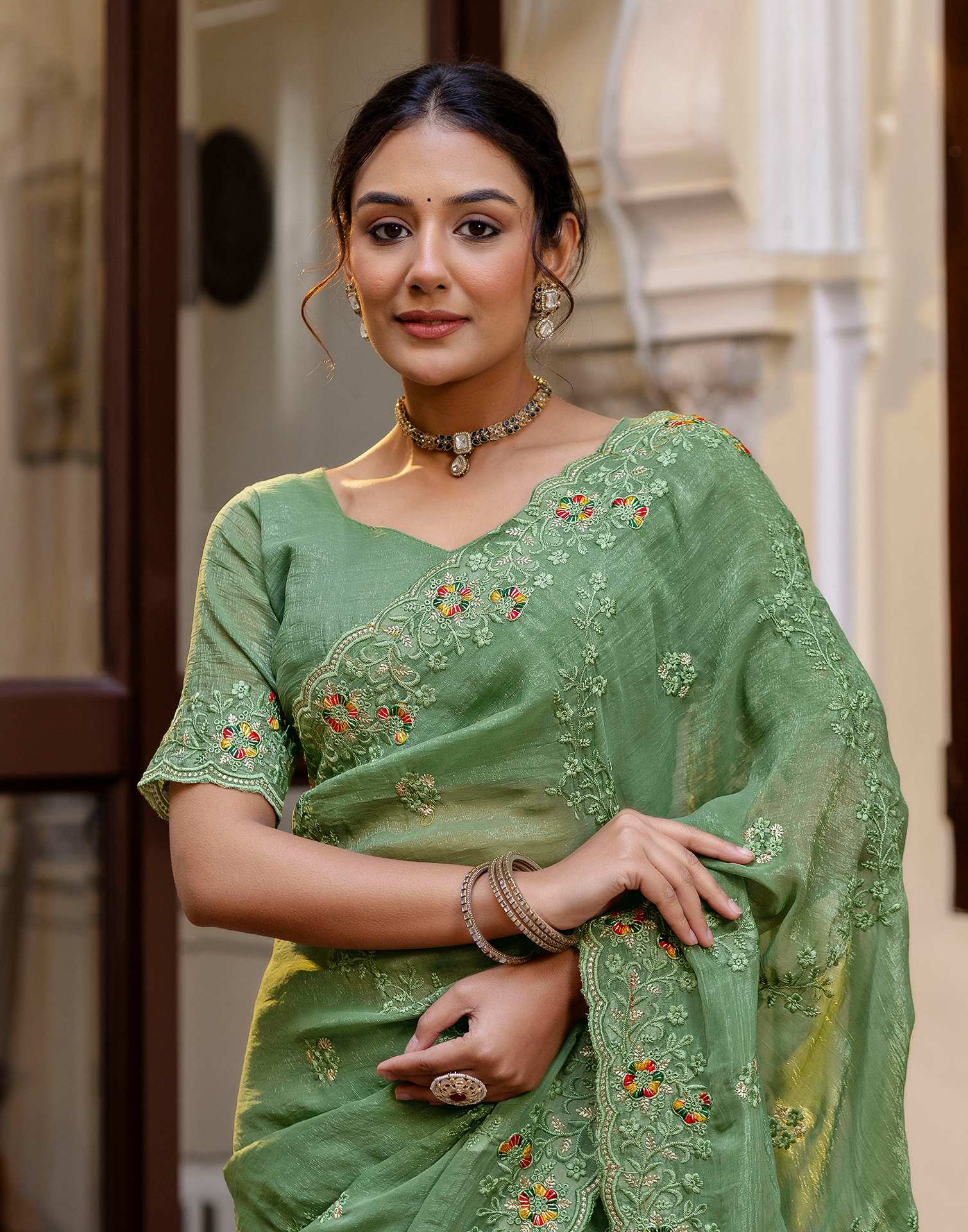 Dusty Green Shimmer Embroidery Saree - Image 9