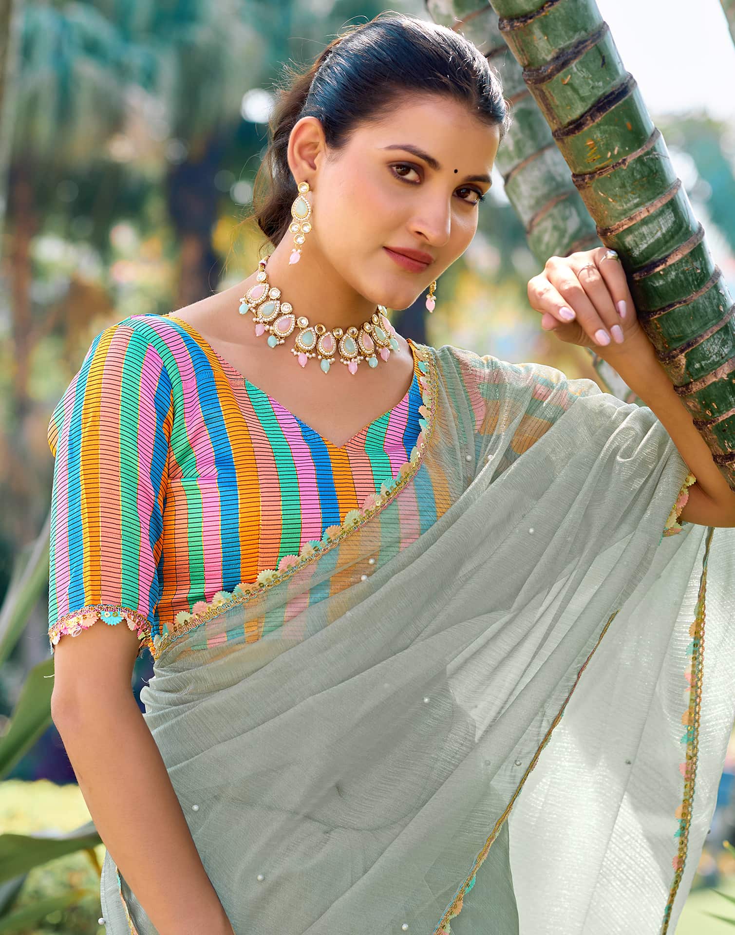 Dusty Green Shimmer Net Pearl Work Embellished Saree - Image 2