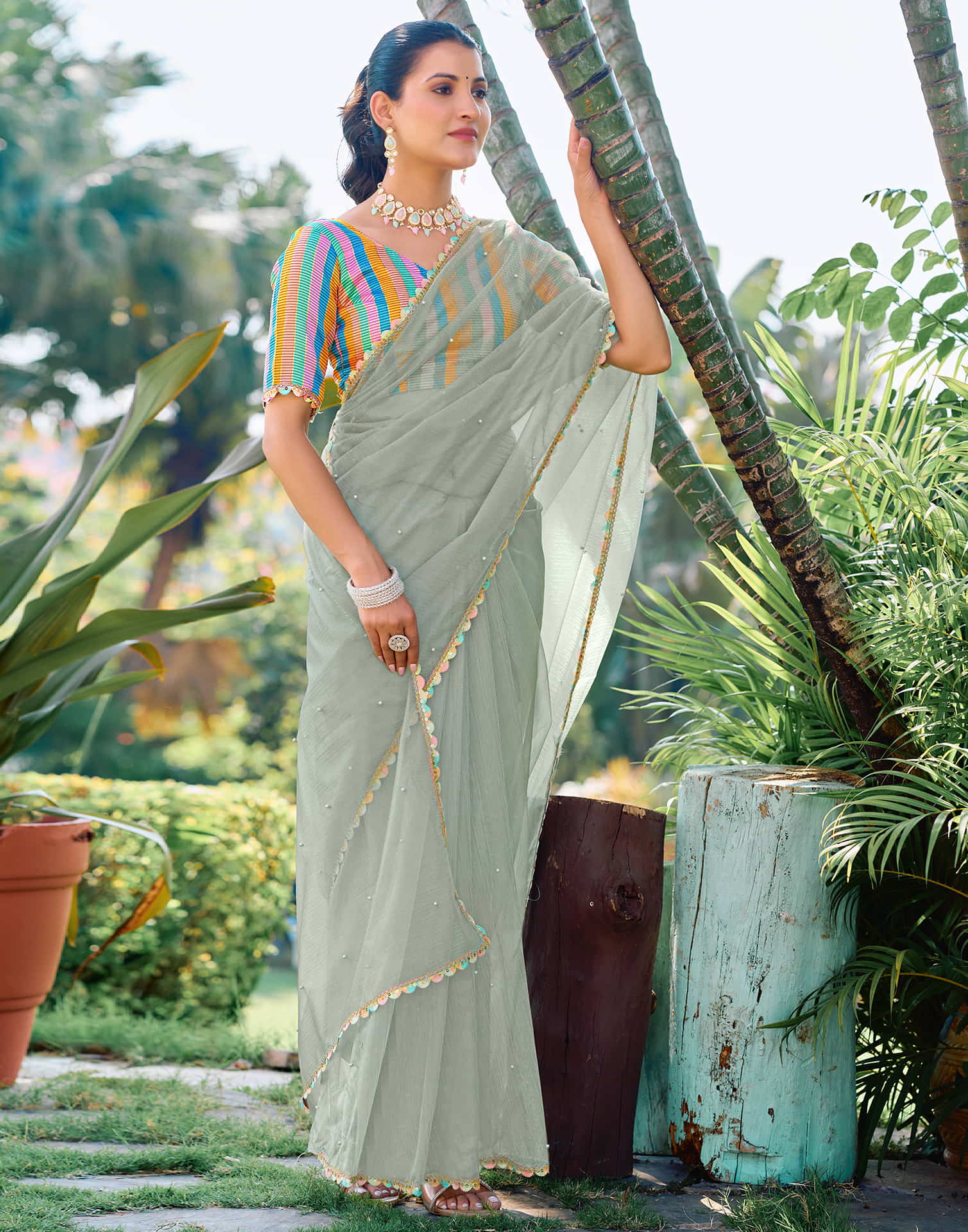 Dusty Green Shimmer Net Pearl Work Embellished Saree - Image 4