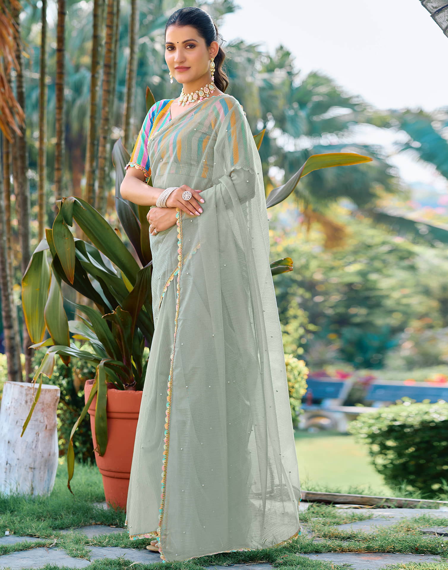 Dusty Green Shimmer Net Pearl Work Embellished Saree - Image 5