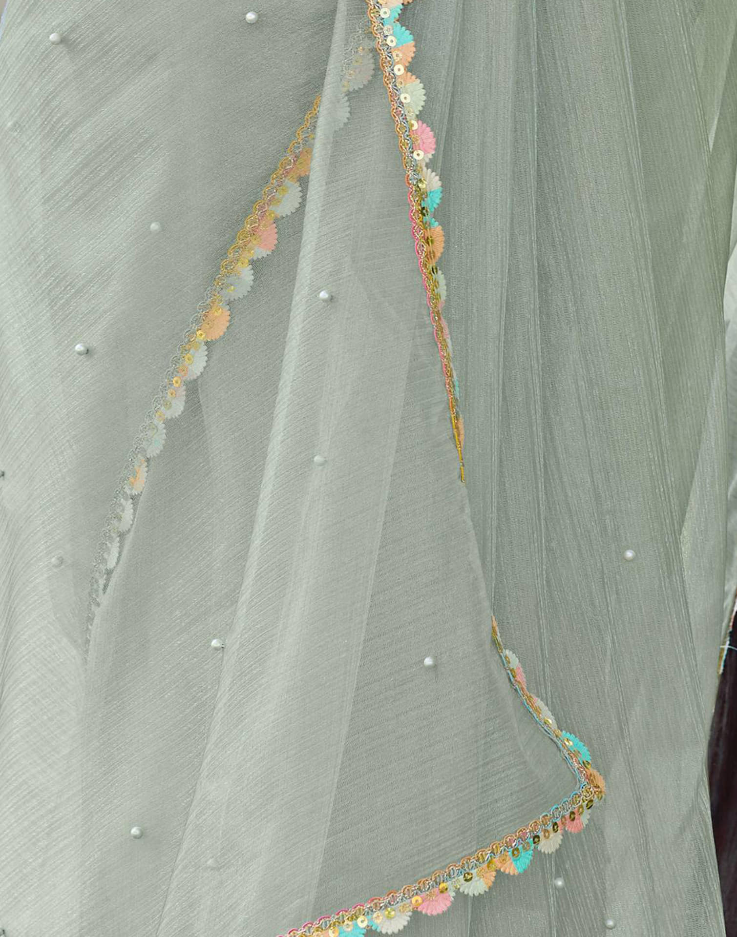 Dusty Green Shimmer Net Pearl Work Embellished Saree - Image 7