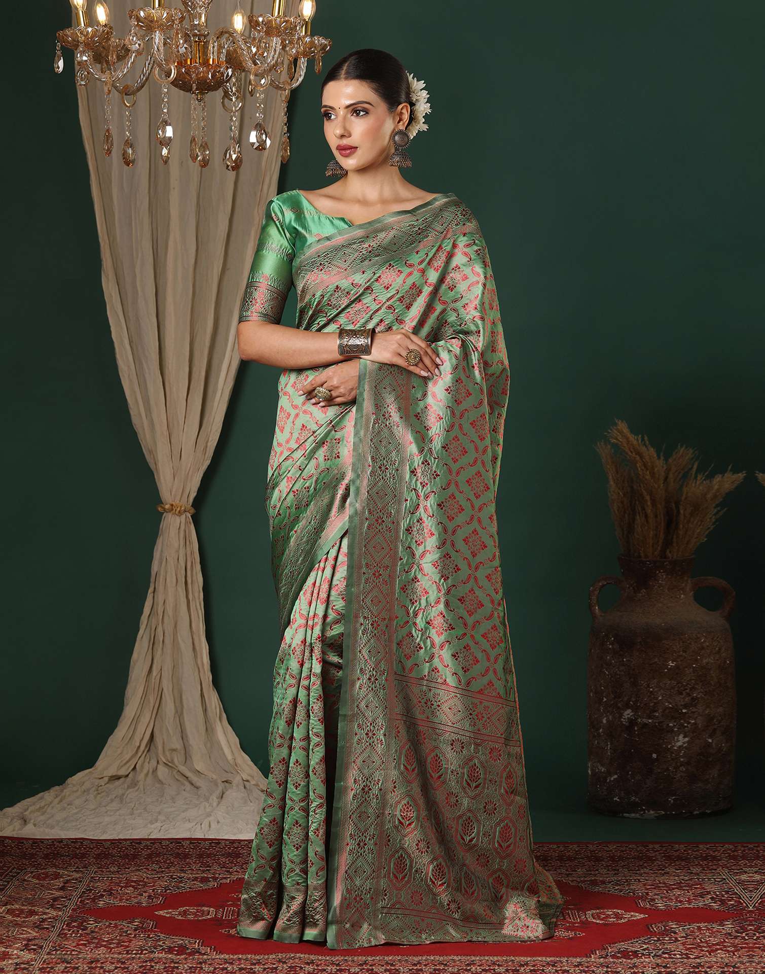 Dusty Green Silk Woven Banarasi Saree - Image 2