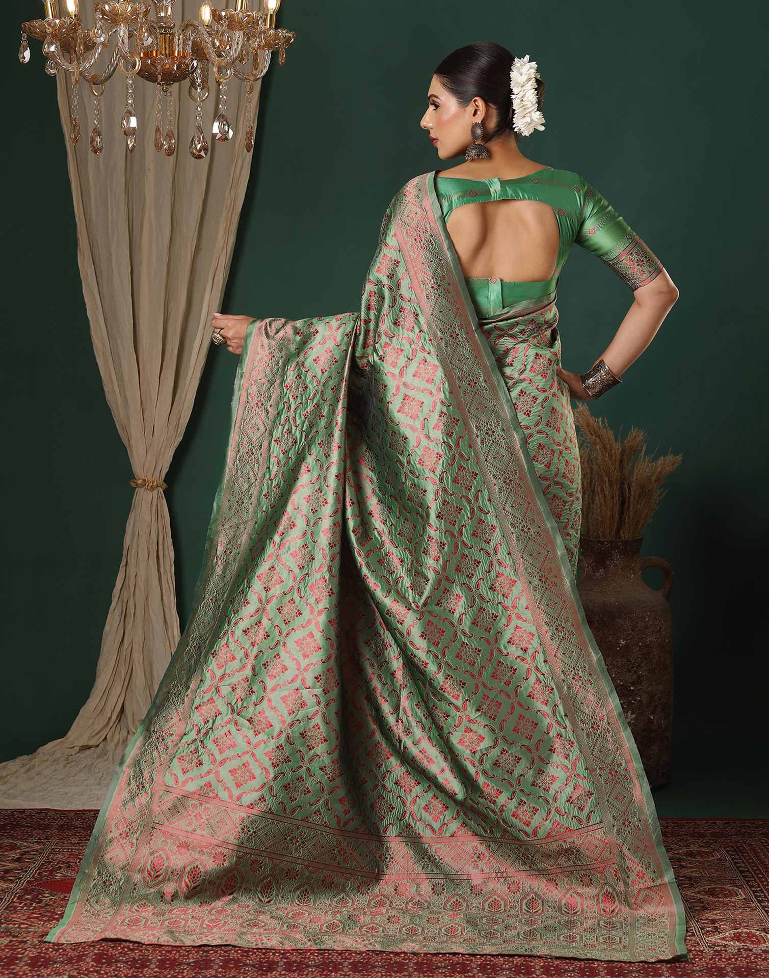 Dusty Green Silk Woven Banarasi Saree - Image 6