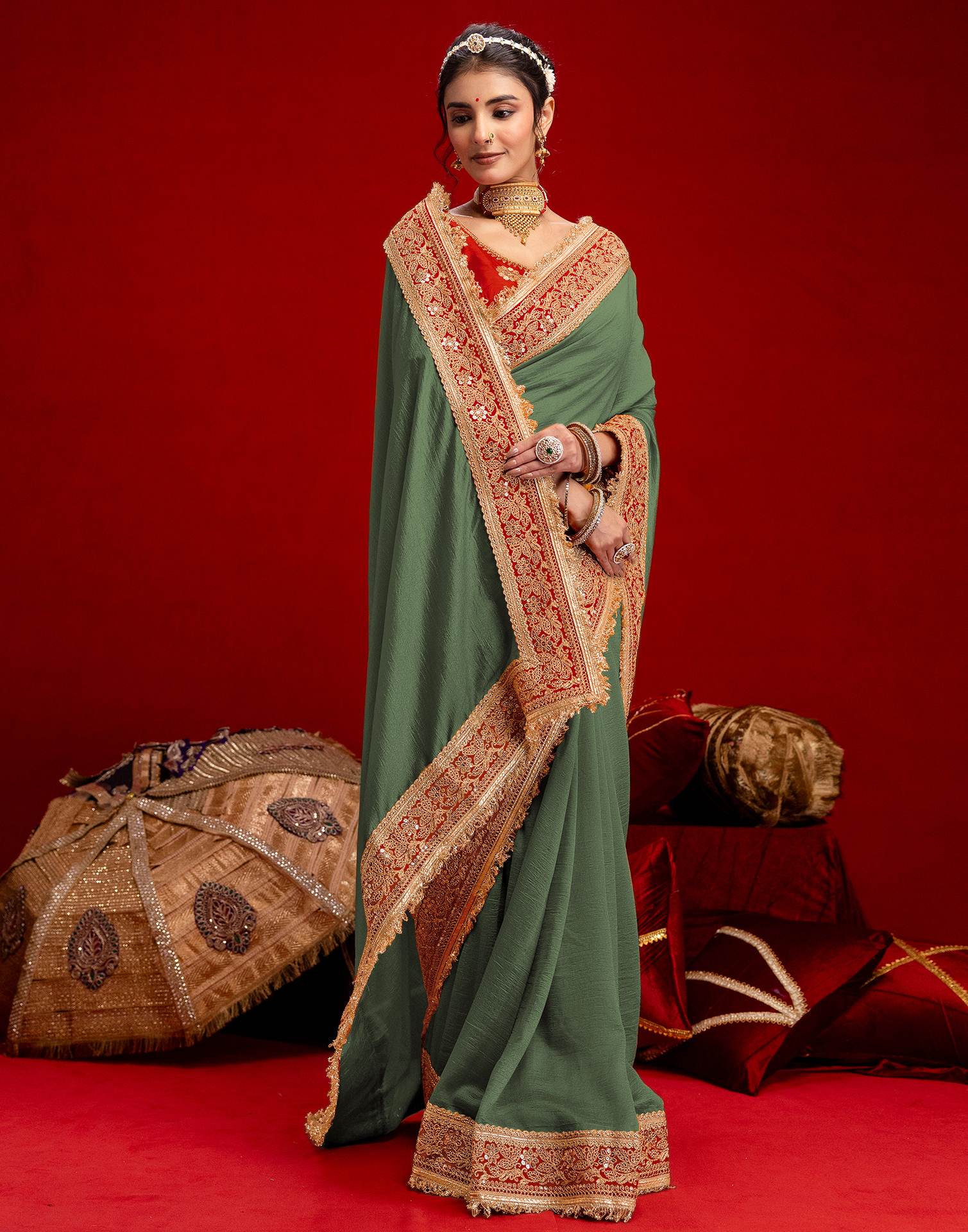 Dusty Green Vichitra Silk Sequence Embroidery Lace Saree - Image 5
