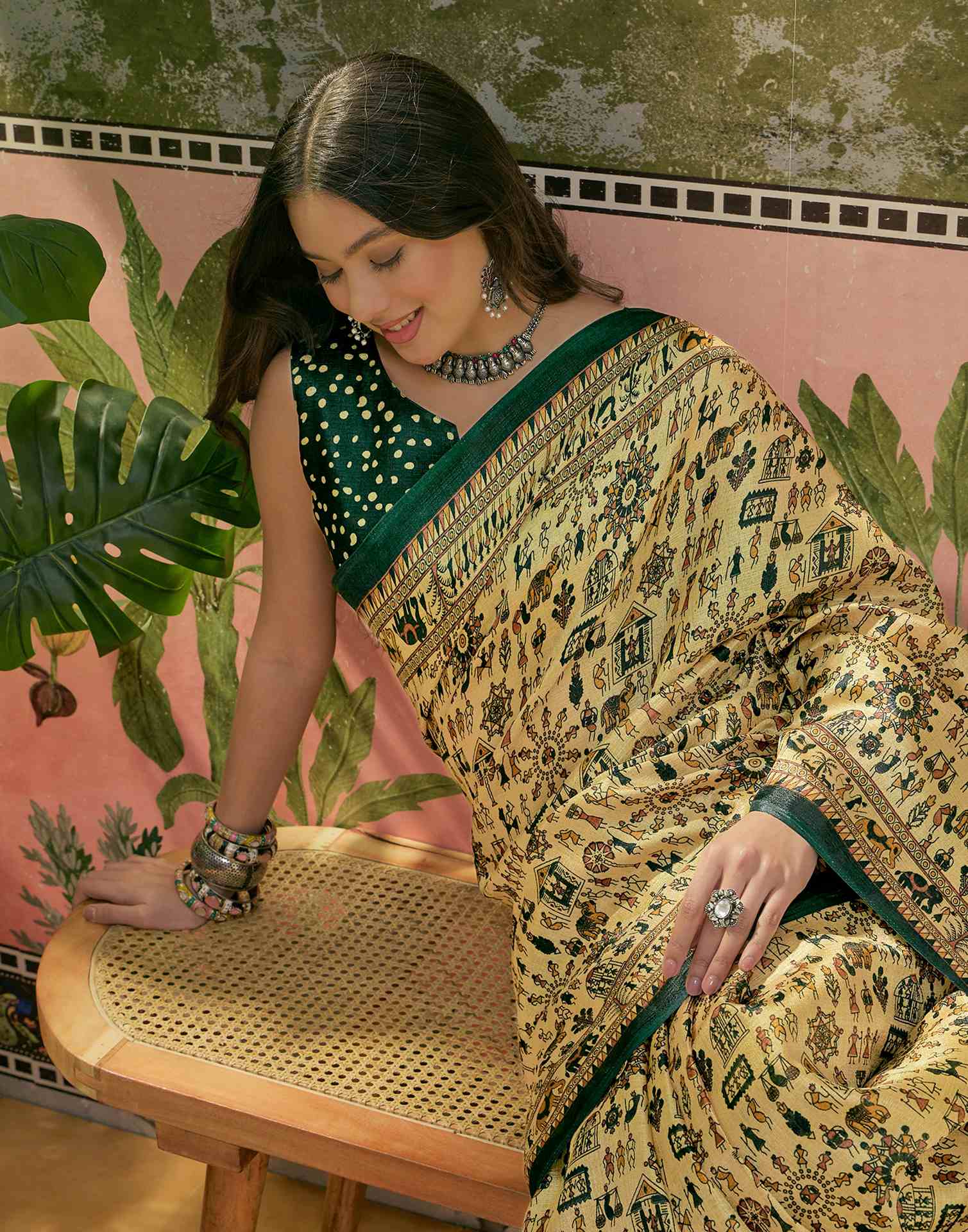 Dusty Lemon Yellow Khadi Printed Saree - Image 4