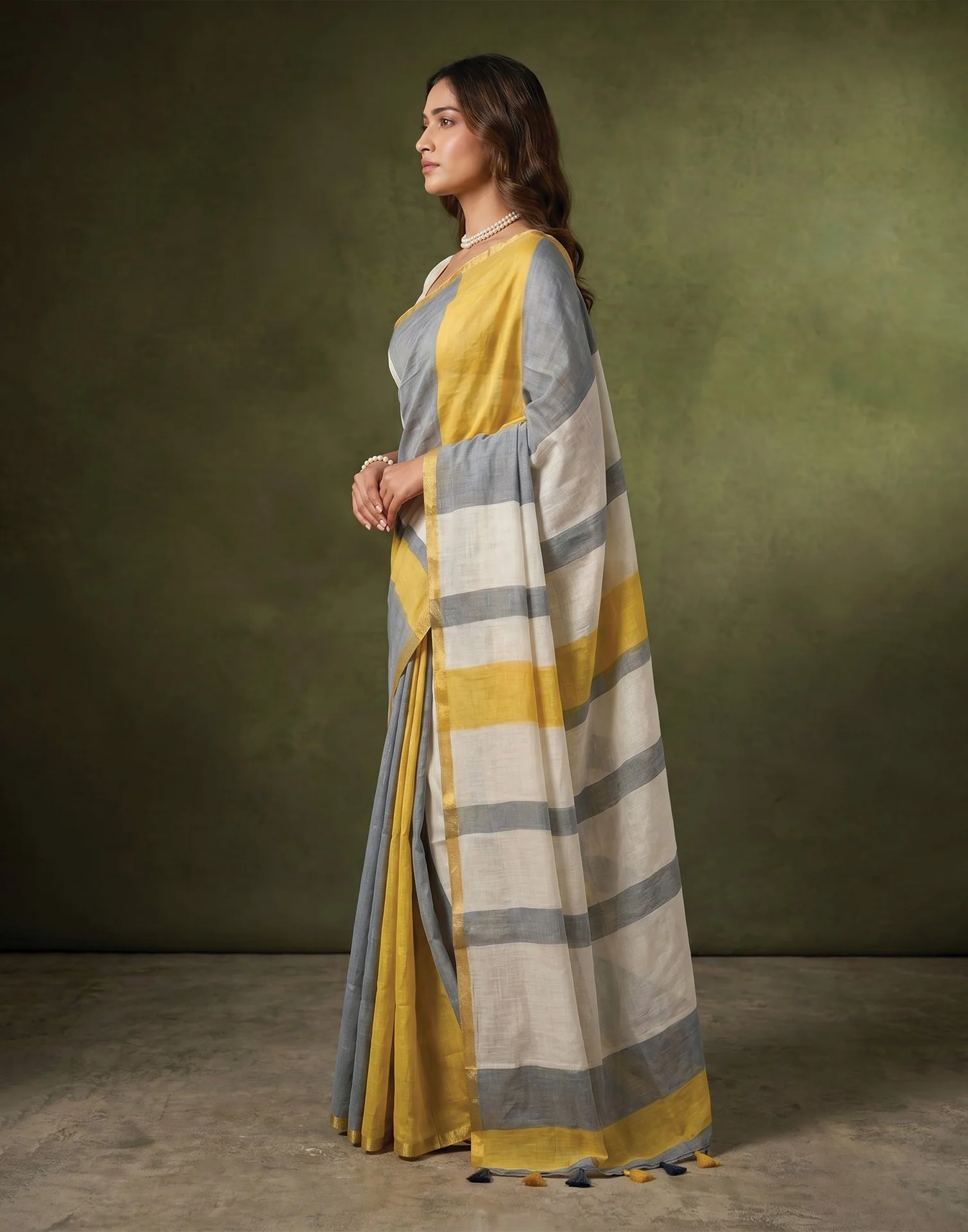 Dusty Light Blue Linen Printed Zari Border Saree - Image 5