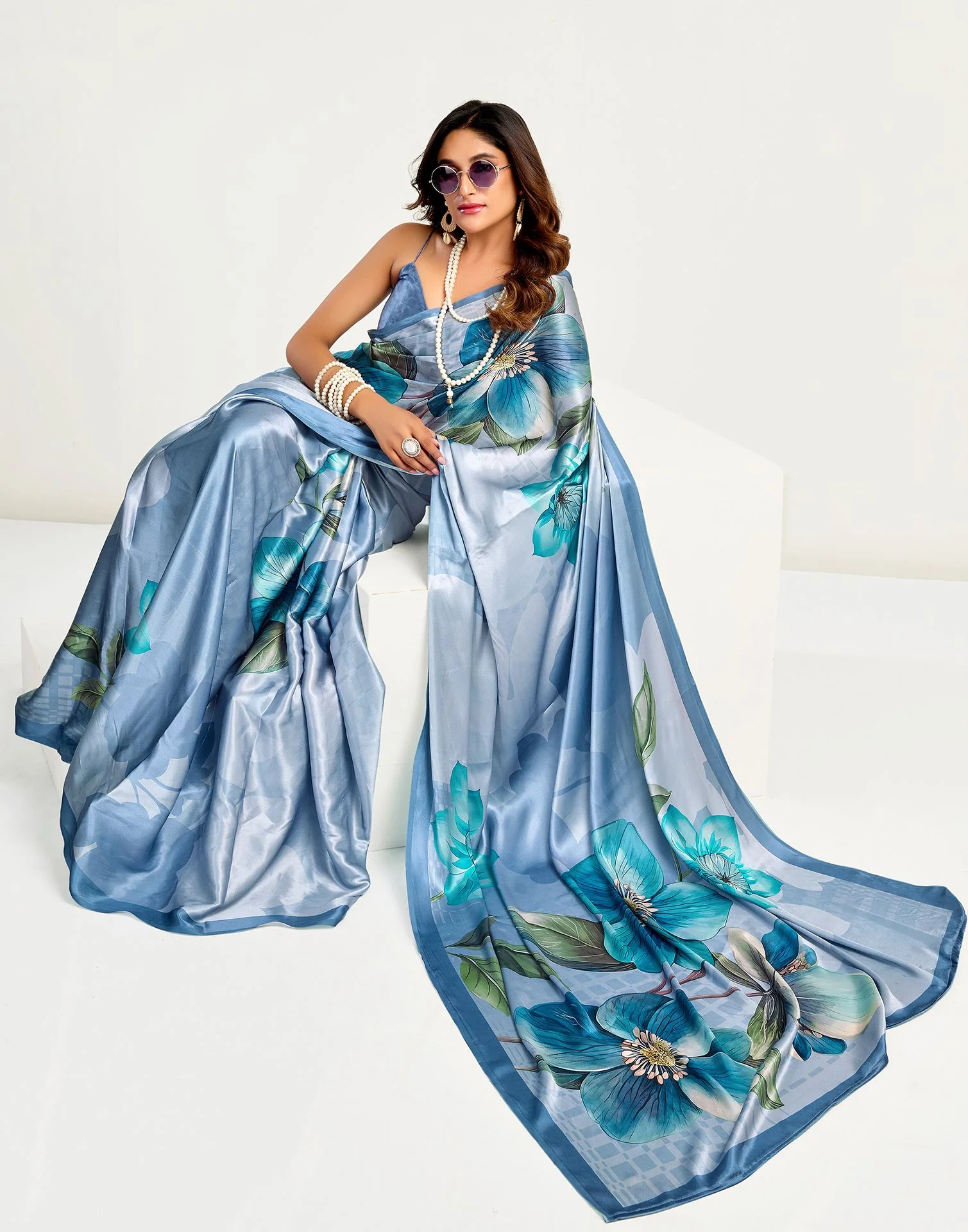 Dusty Light Blue Satin Floral Printed Saree - Image 4