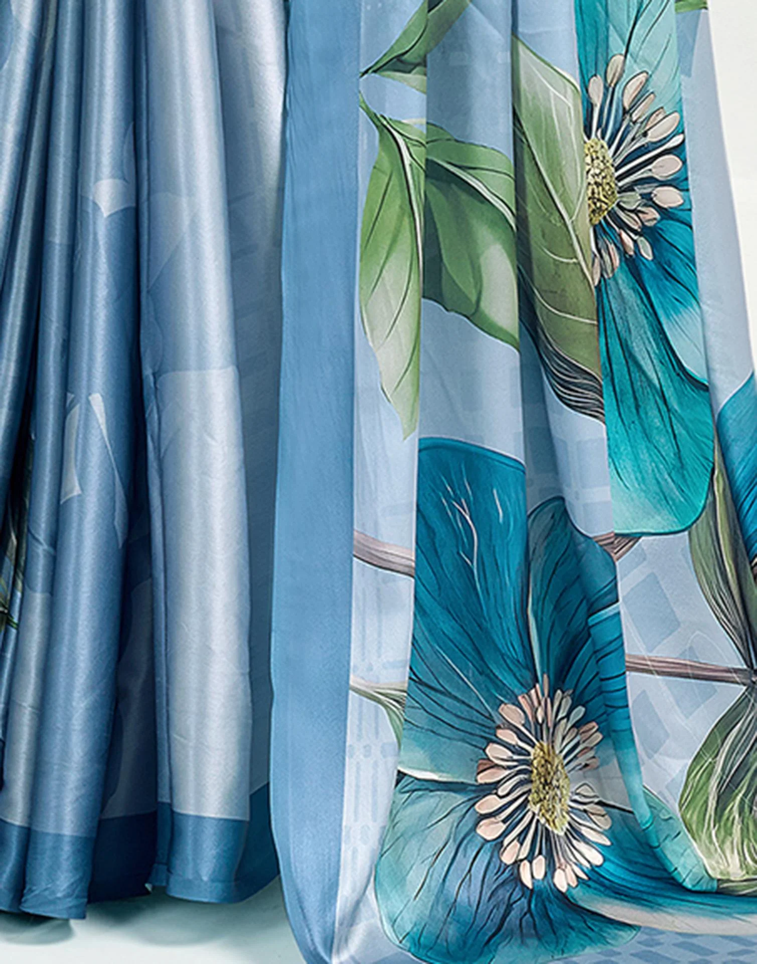 Dusty Light Blue Satin Floral Printed Saree - Image 7