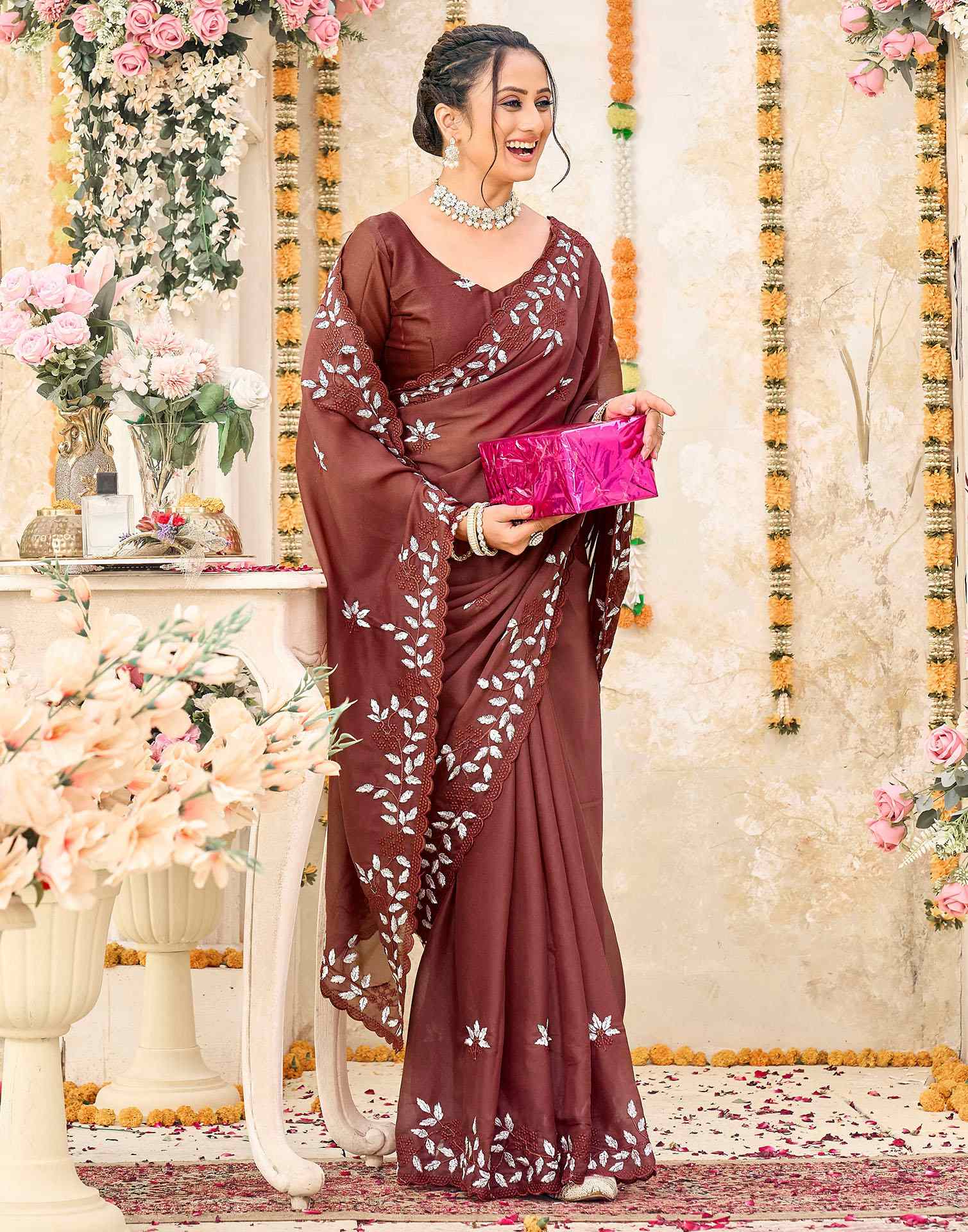Dusty Maroon Shimmer Georgette Sequence Embroidery saree - Image 5