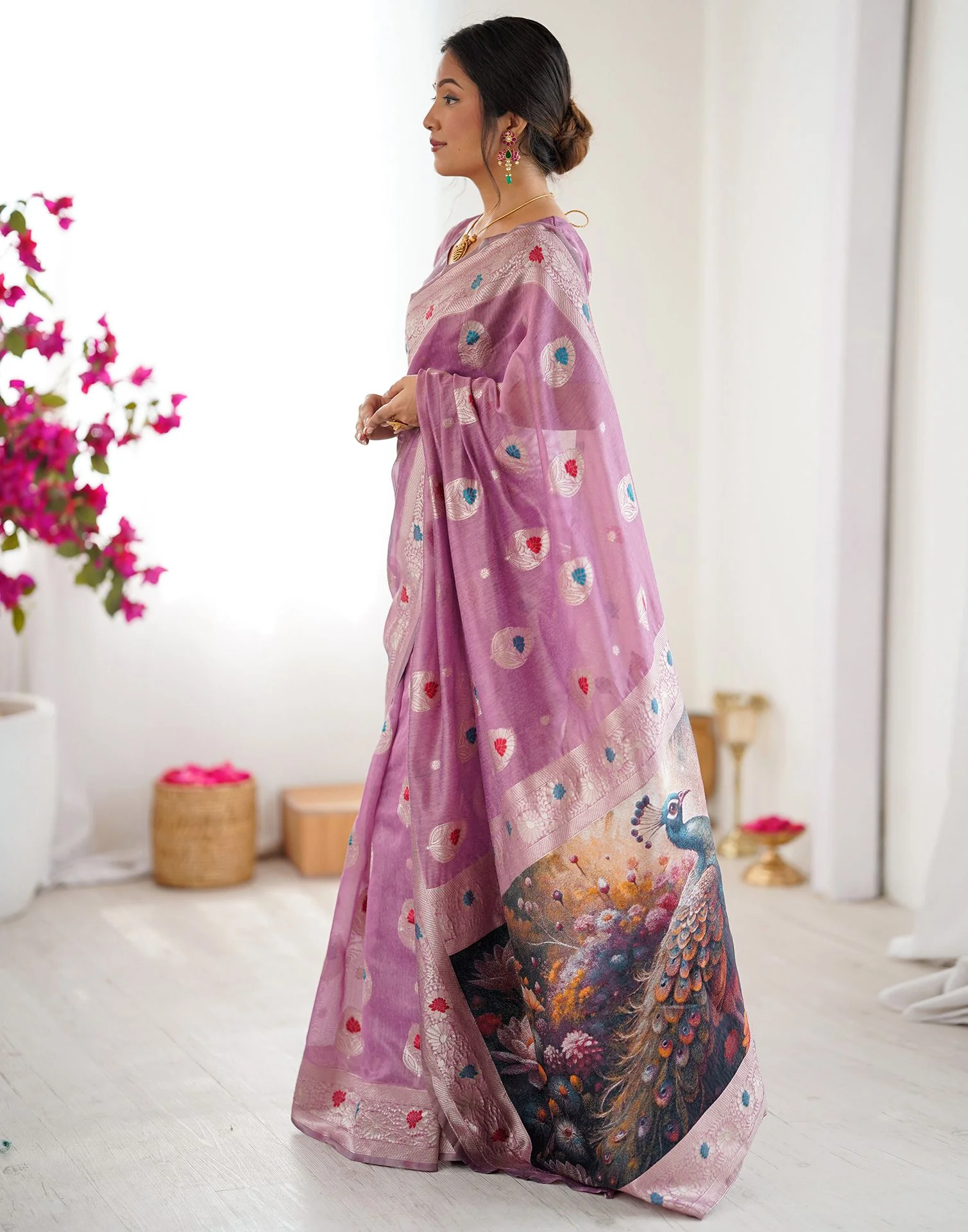 Dusty Mauve Chanderi Cotton Woven Saree - Image 4