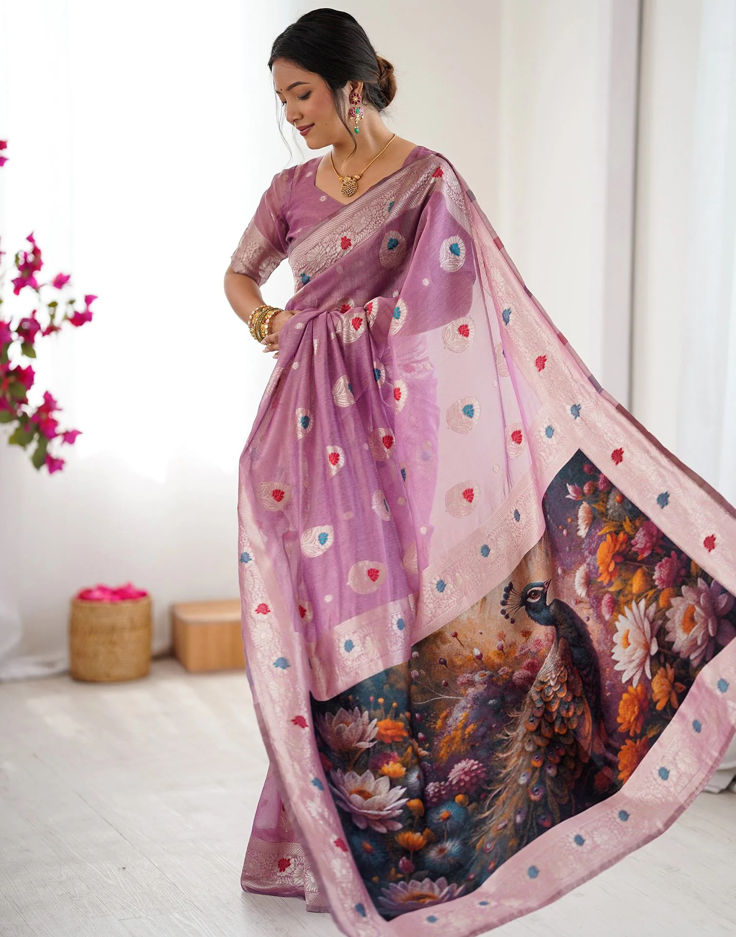 Dusty Mauve Chanderi Cotton Woven Saree - Image 5