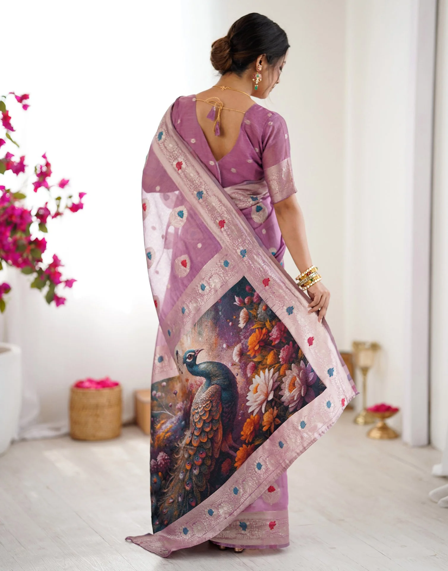 Dusty Mauve Chanderi Cotton Woven Saree - Image 6