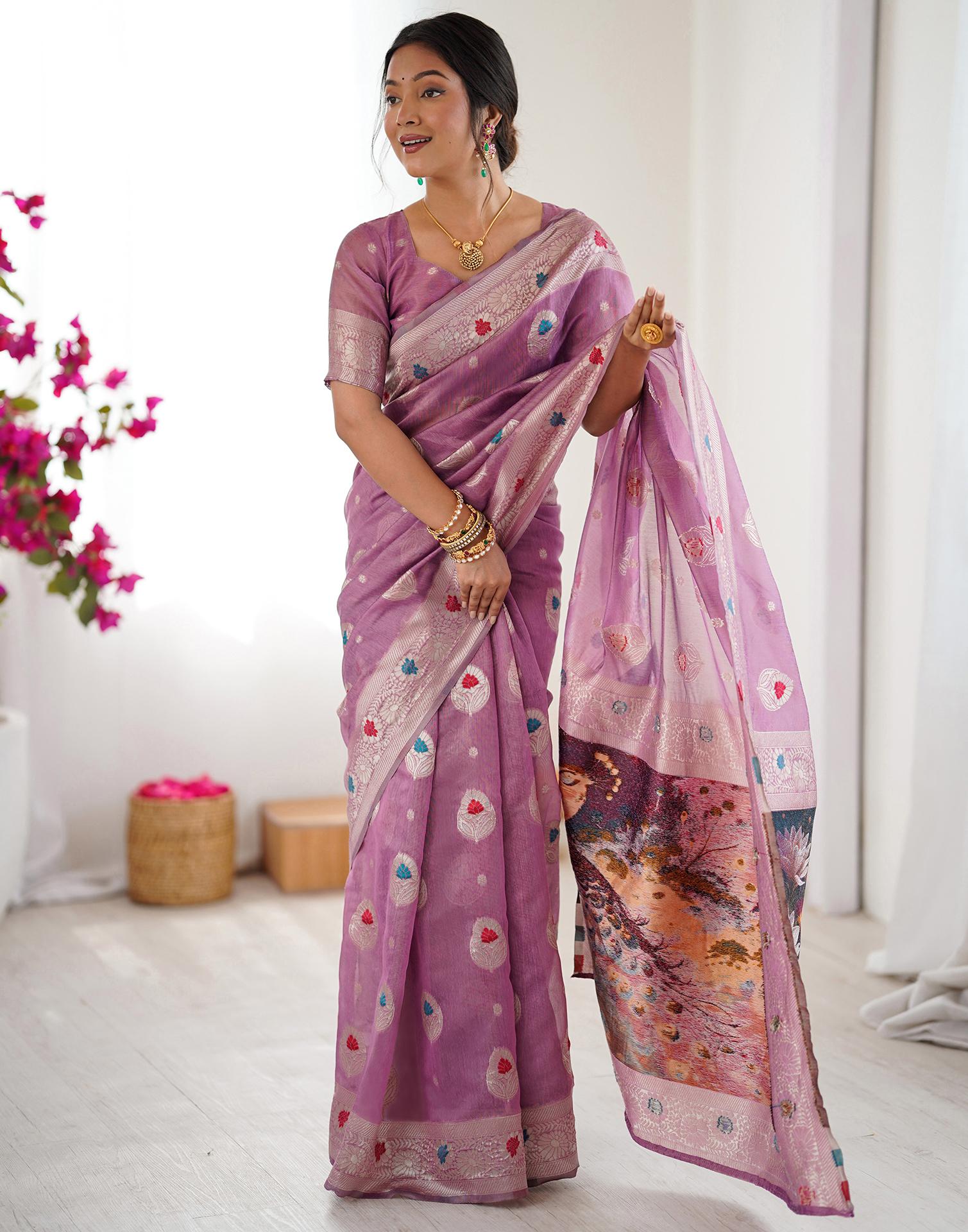 Dusty Mauve Chanderi Cotton Woven Saree - Image 7