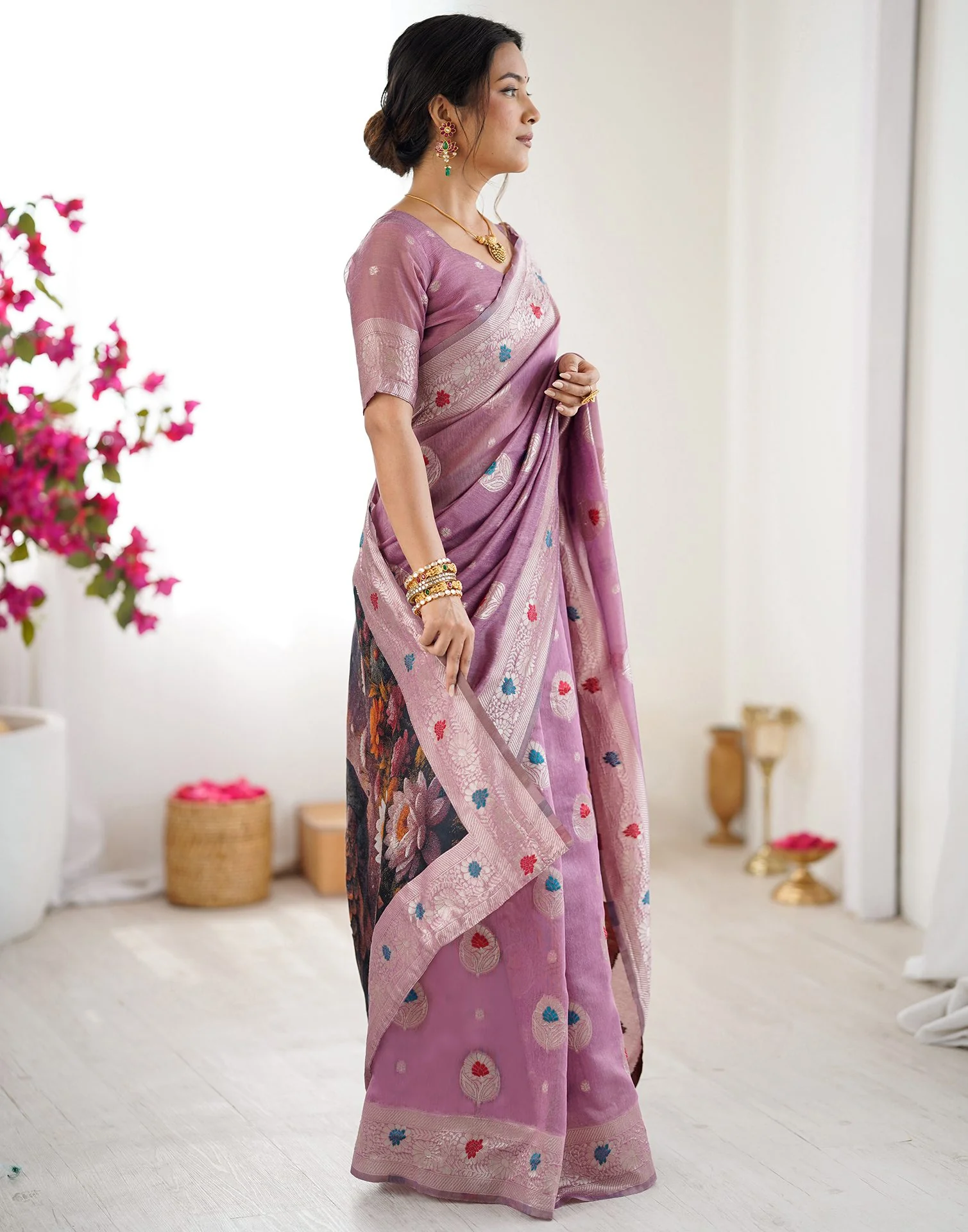 Dusty Mauve Chanderi Cotton Woven Saree - Image 8