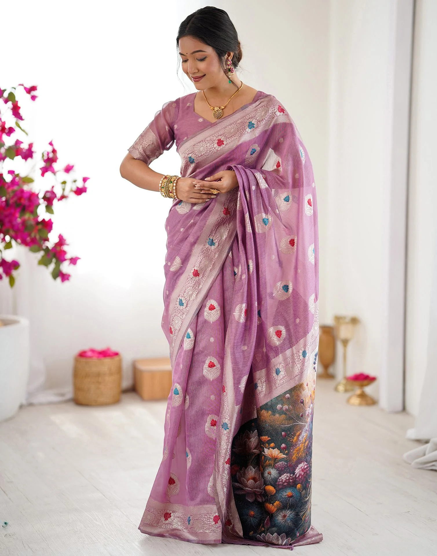 Dusty Mauve Chanderi Cotton Woven Saree - Image 9