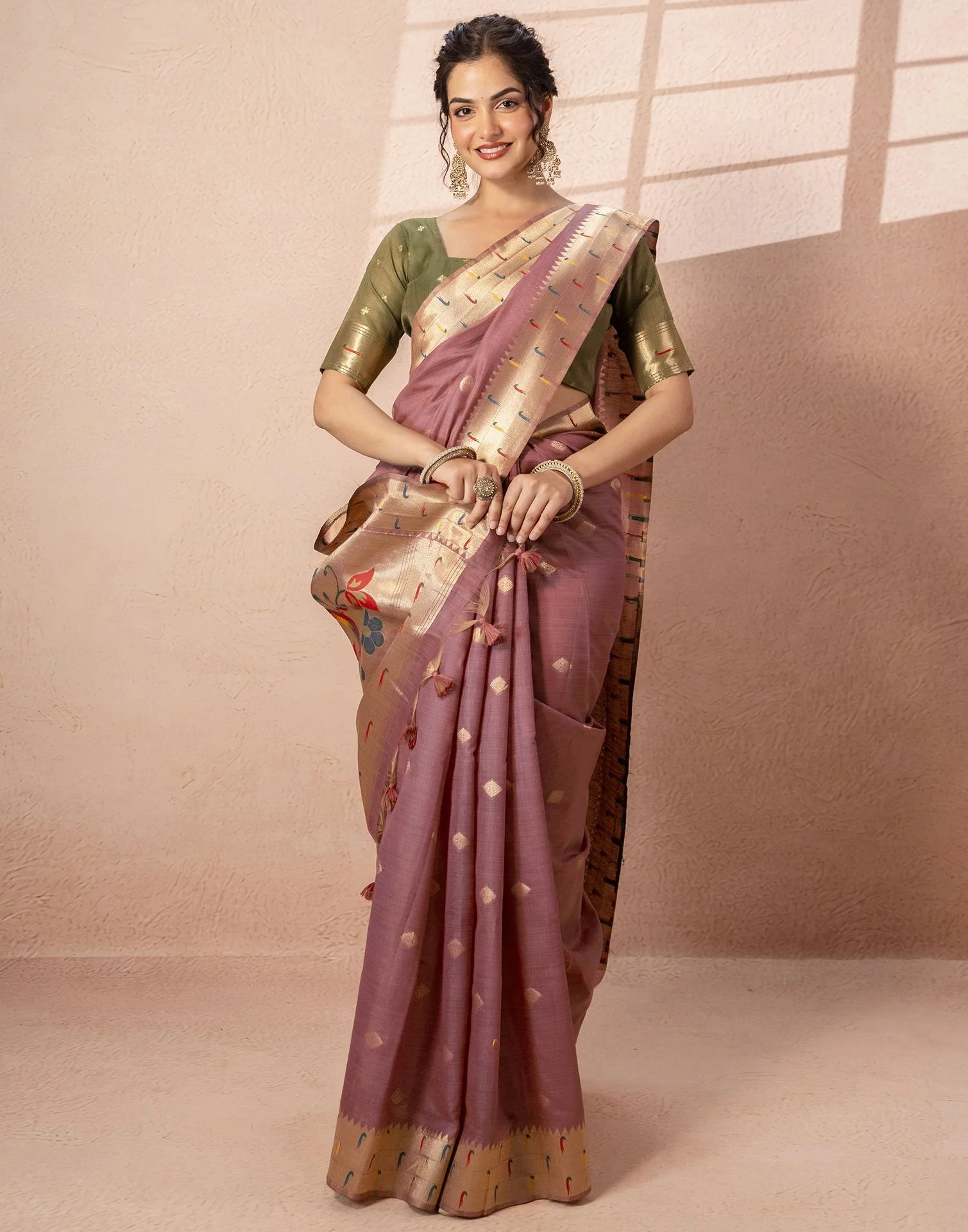 Dusty Mauve Chanderi Cotton Woven Paithani Saree - Image 10