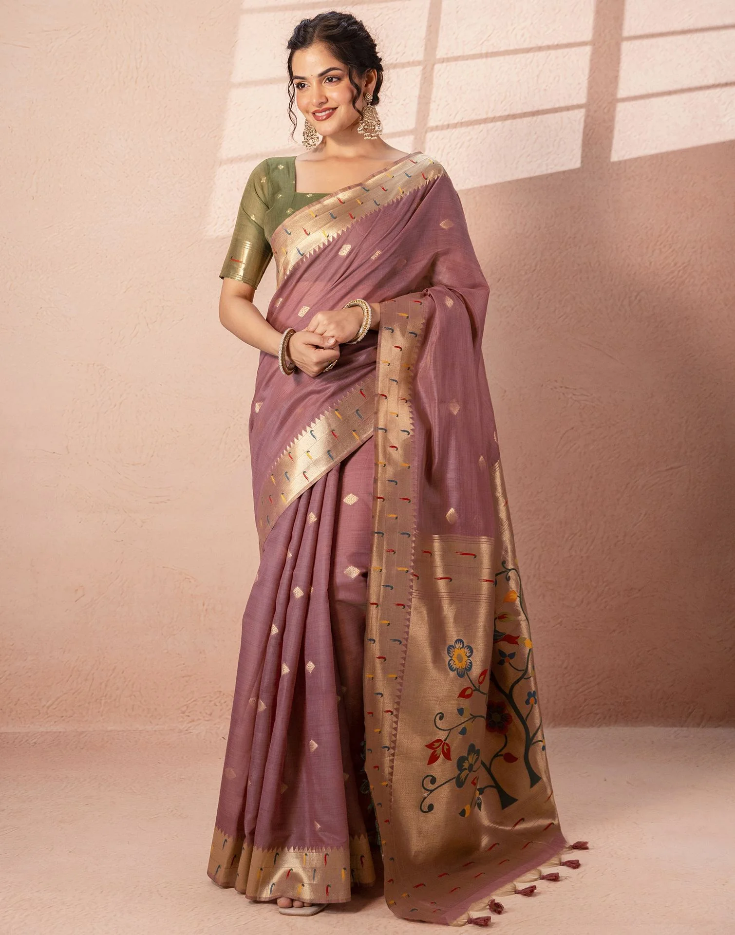 Dusty Mauve Chanderi Cotton Woven Paithani Saree - Image 2