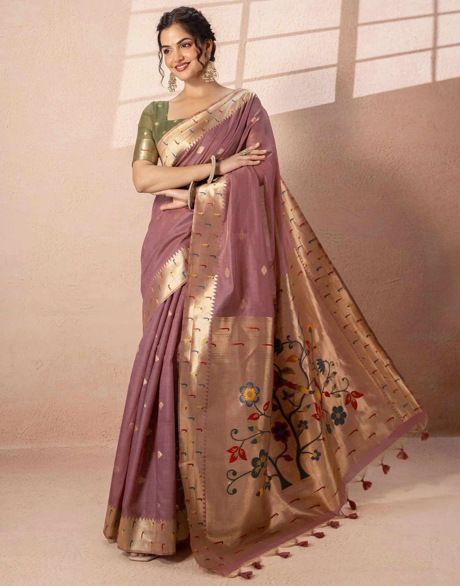 Dusty Mauve Chanderi Cotton Woven Paithani Saree - Image 5