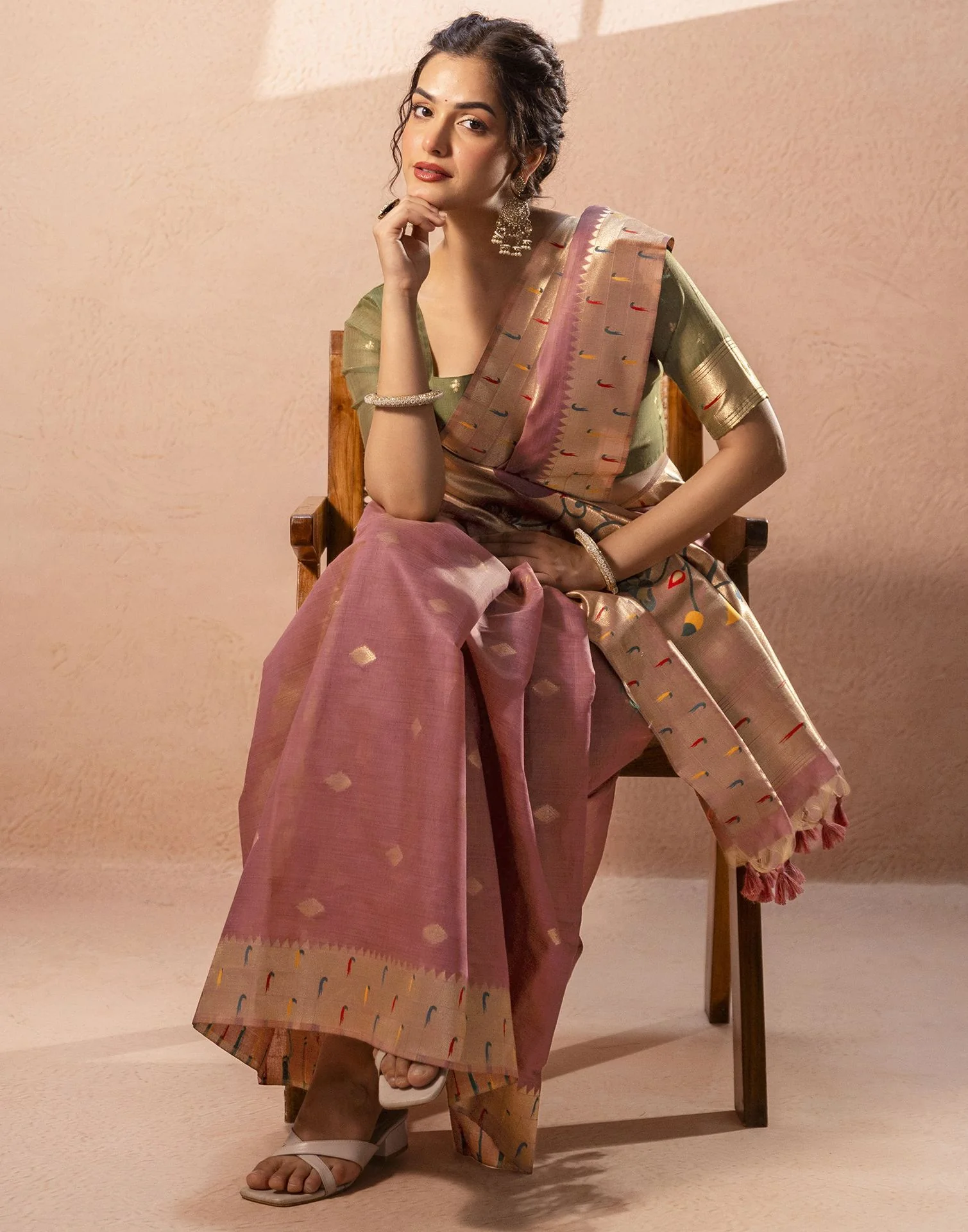 Dusty Mauve Chanderi Cotton Woven Paithani Saree - Image 7