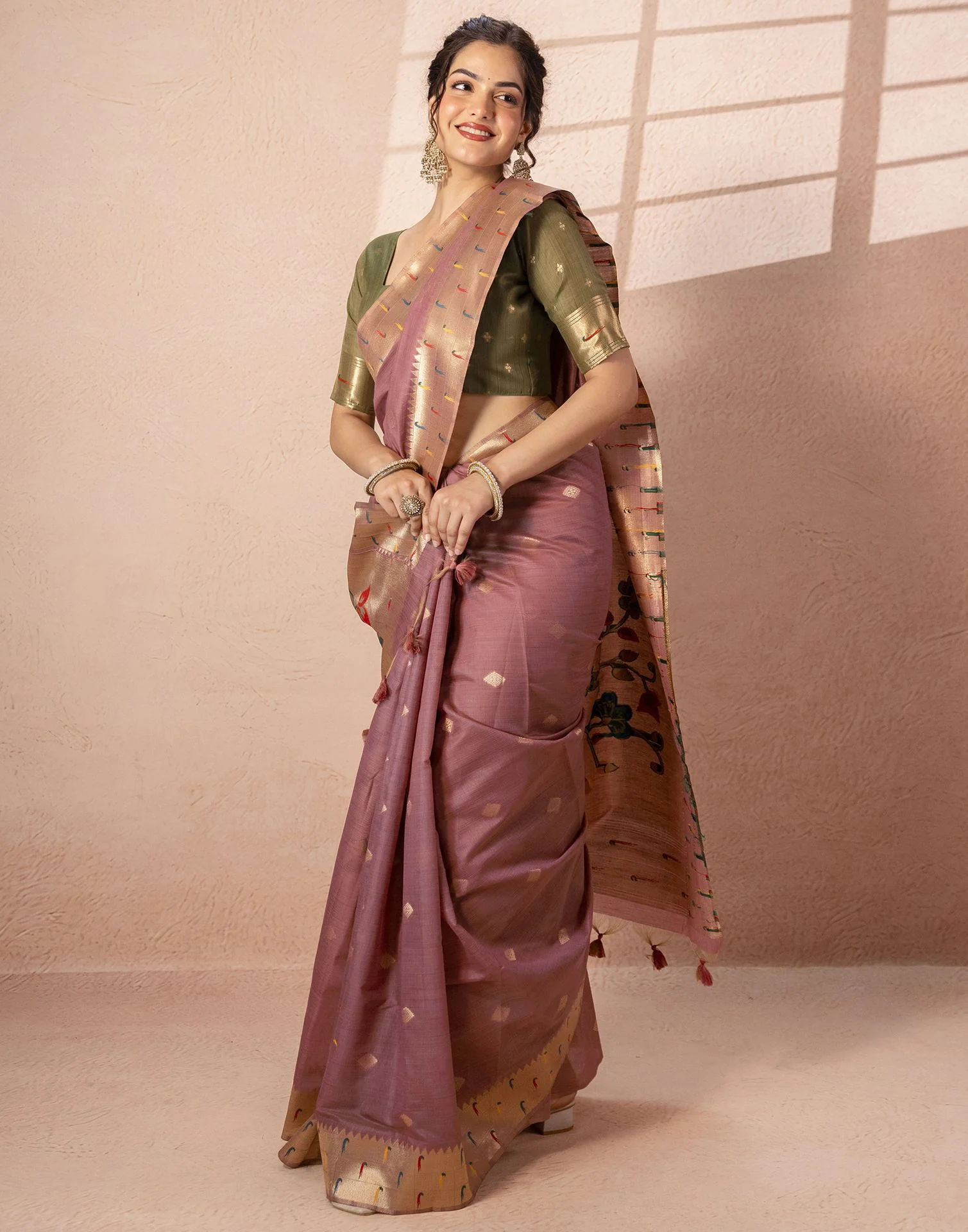 Dusty Mauve Chanderi Cotton Woven Paithani Saree - Image 9