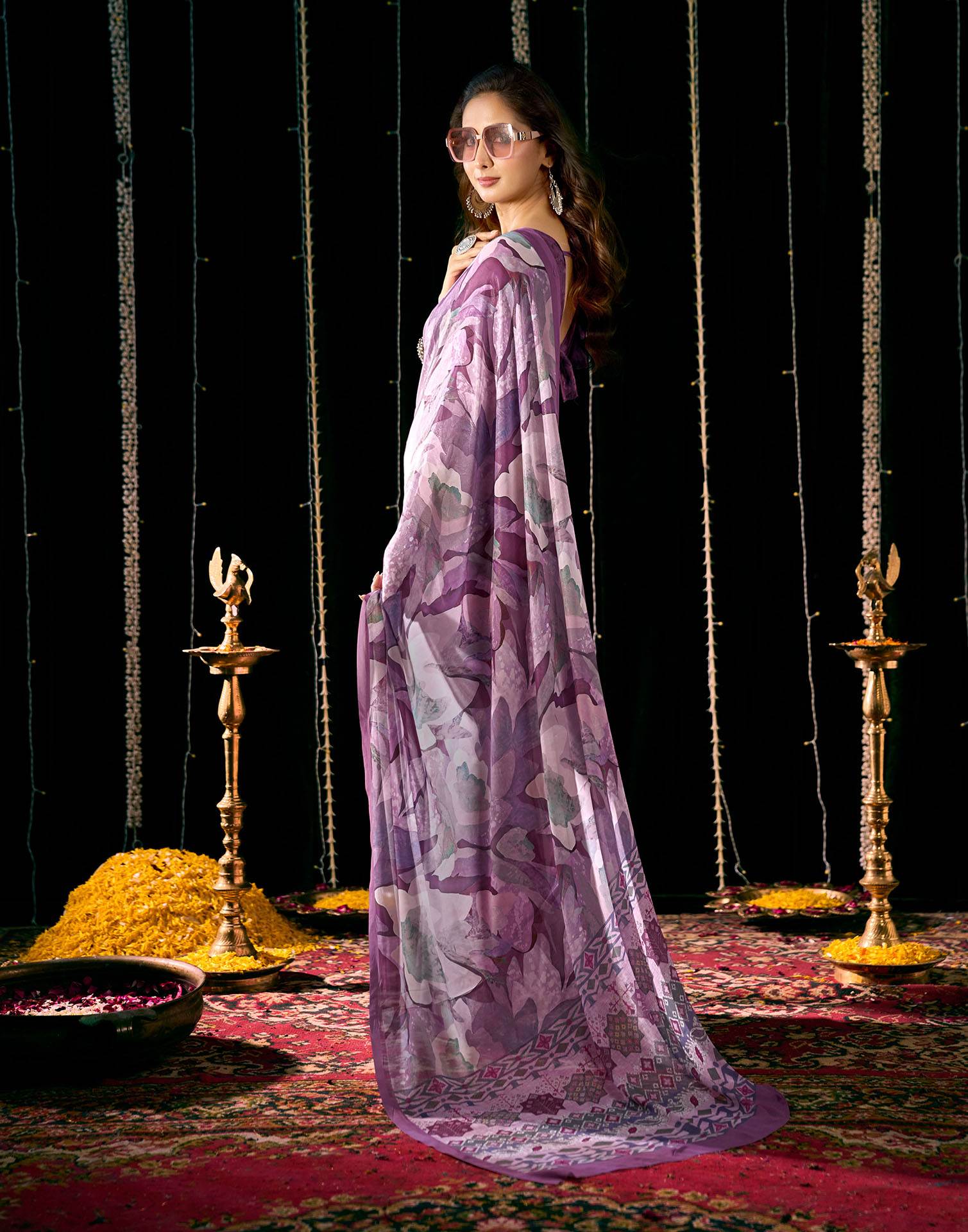 Dusty Mauve Georgette Printed Saree - Image 5