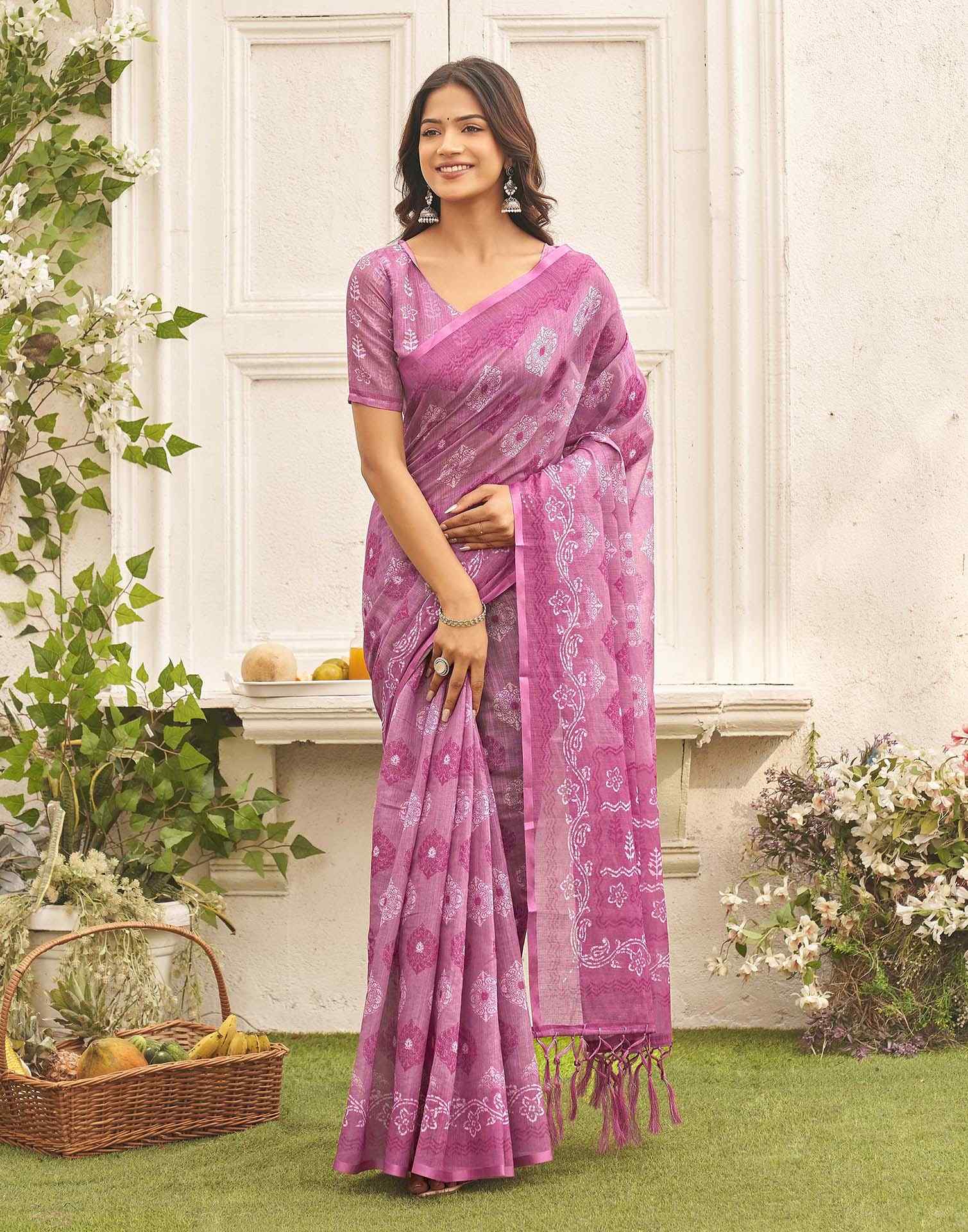 Dusty Mauve Linen Printed Saree - Image 2