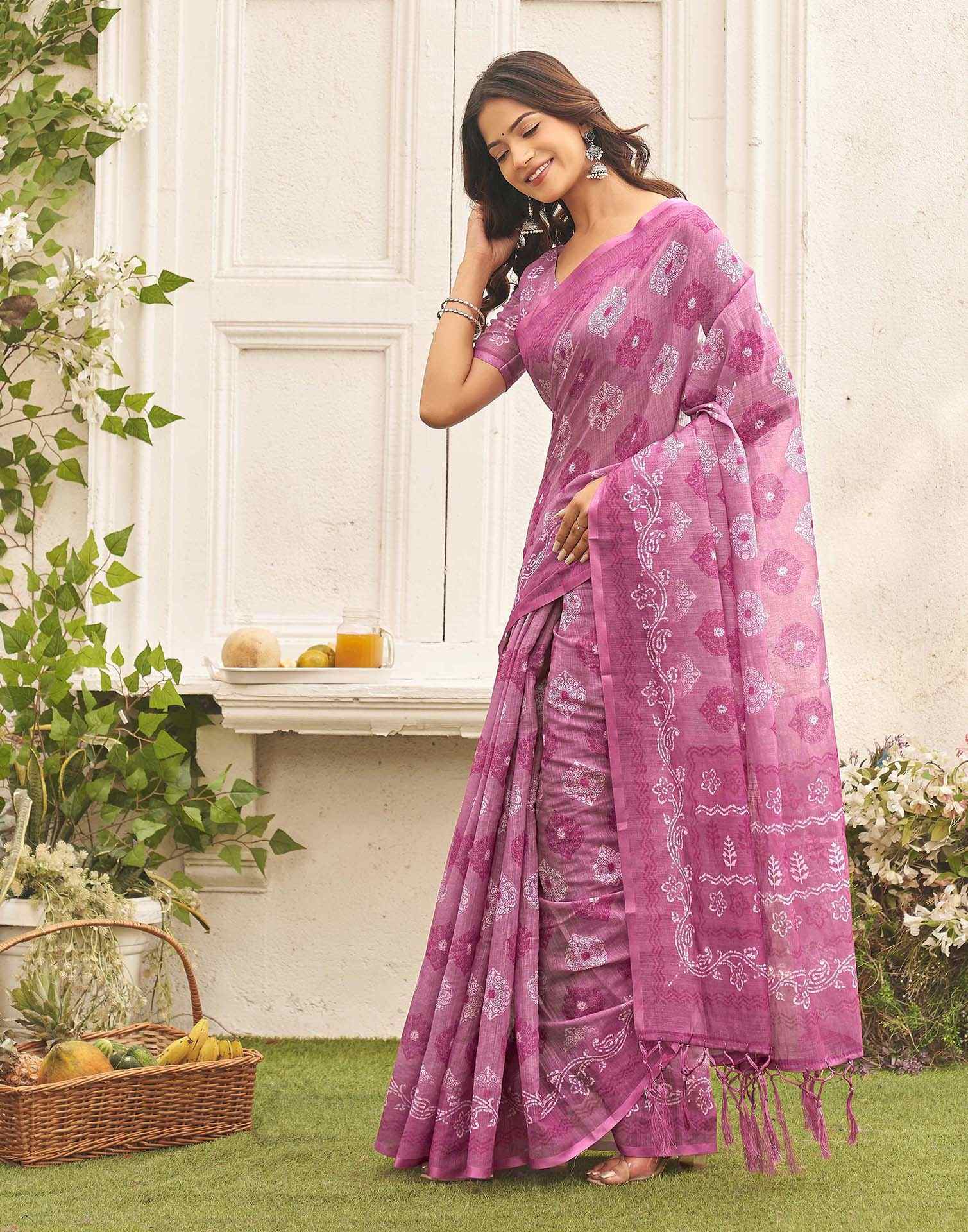 Dusty Mauve Linen Printed Saree - Image 4