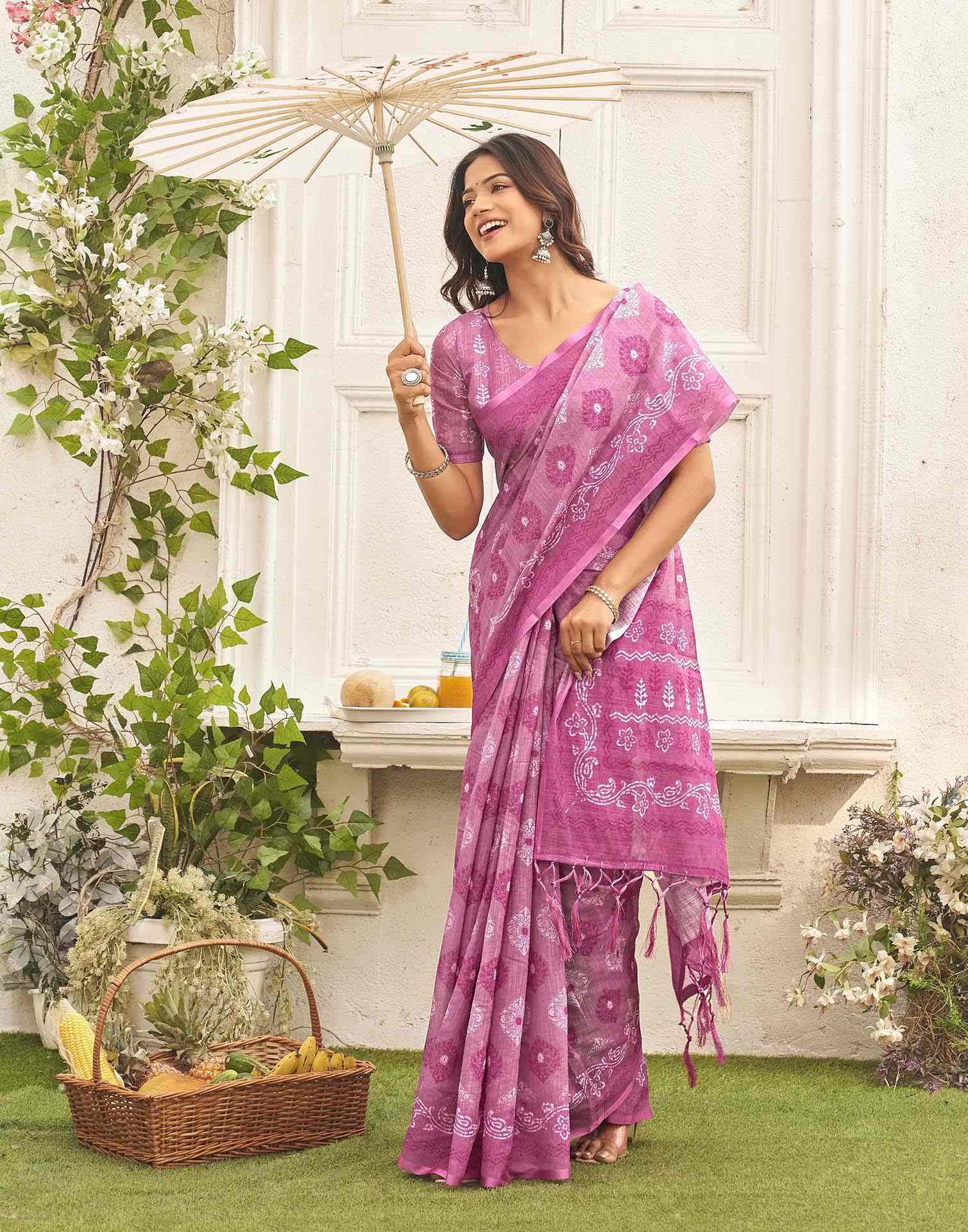 Dusty Mauve Linen Printed Saree - Image 5