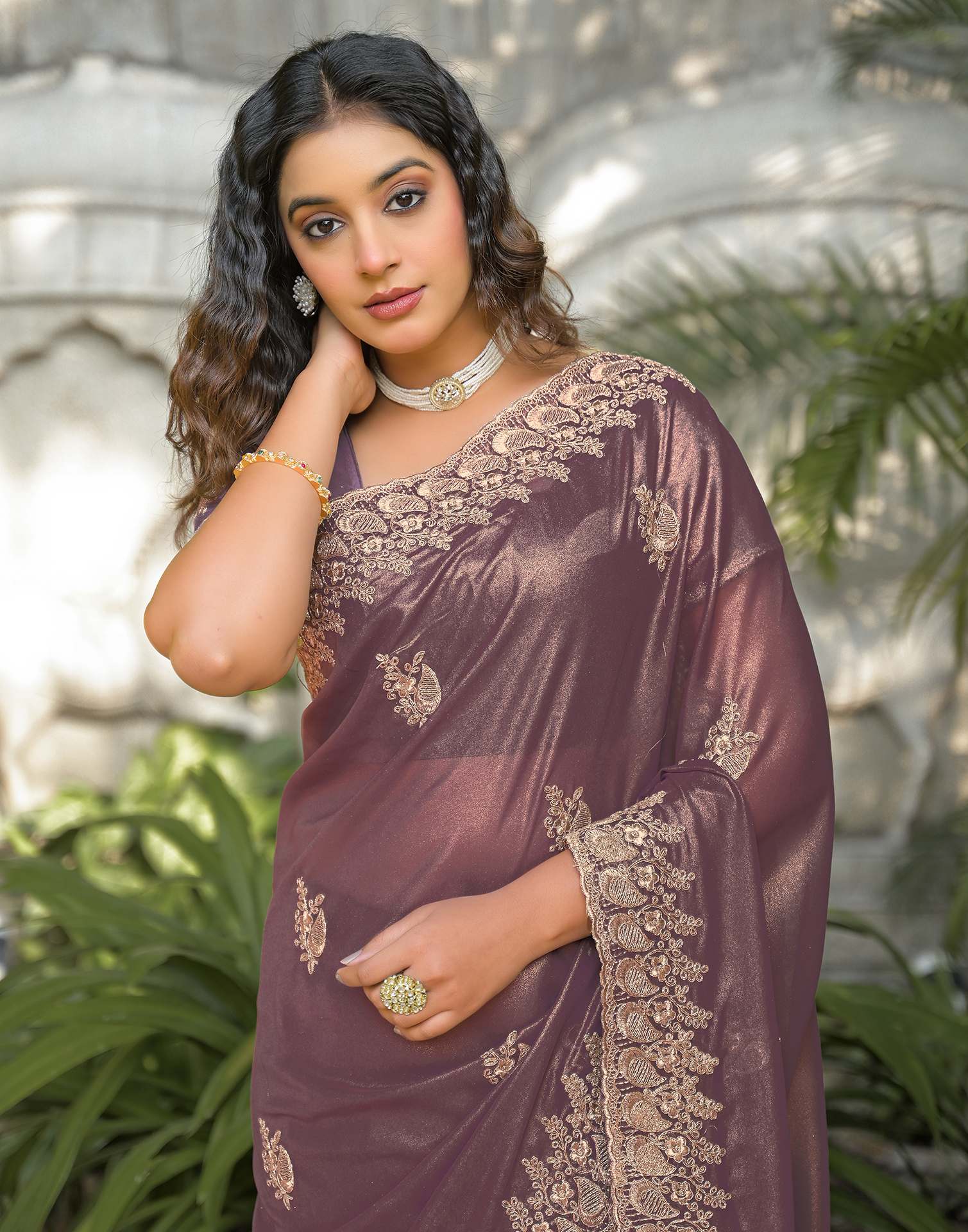 Dusty Mauve Shimmer Georgette Sequence Embroidery saree - Image 4